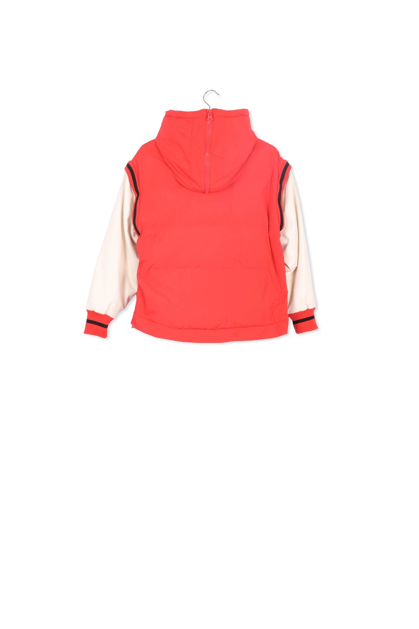 Red hooded puffer vest with faux leather sleeves RE—SSENTIEL | Essentiel second hand