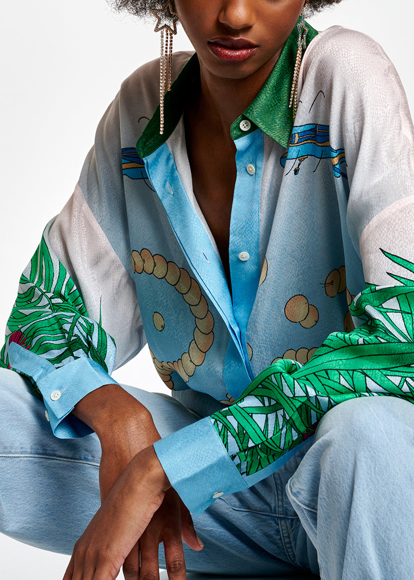 Light blue tropical print viscose-jacquard shirt RE—SSENTIEL | Essentiel second hand