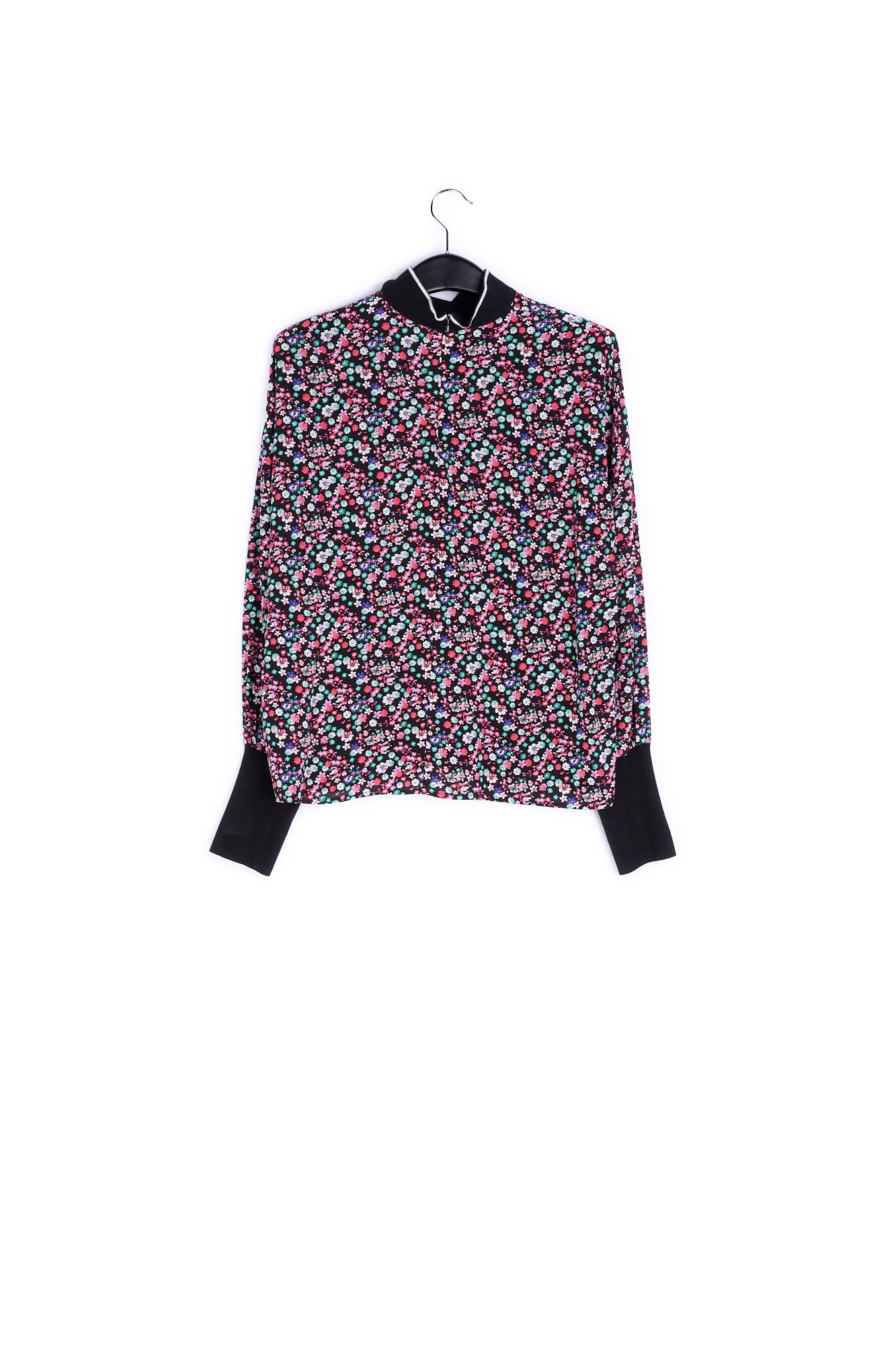 Black floral-print top with contrasting trims RE—SSENTIEL | Essentiel second hand