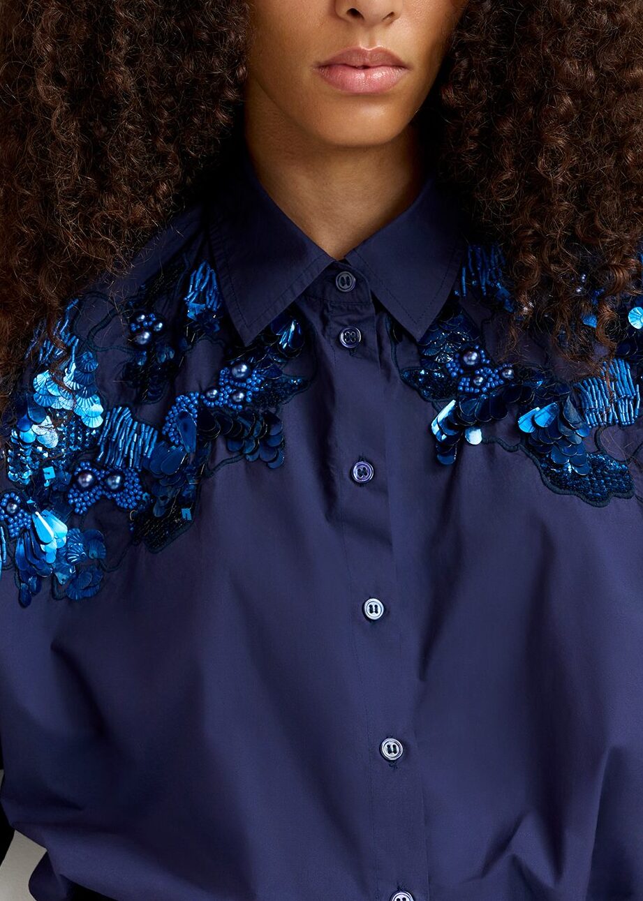Navy blue cotton shirt with sequin and beaded embroideries RE—SSENTIEL | Essentiel second hand