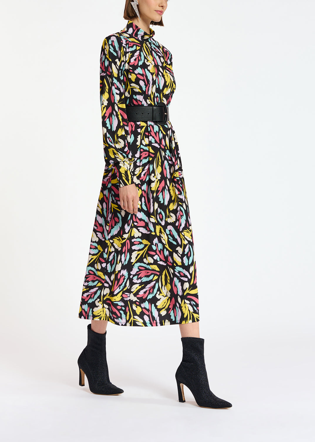 Midi-jurk in zwart, koraalrood en paars stretch jersey RE—SSENTIEL | Essentiel second hand