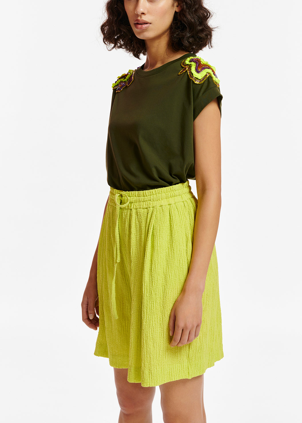 Khaki T-shirt with embellished cap sleeves RE—SSENTIEL | Essentiel second hand