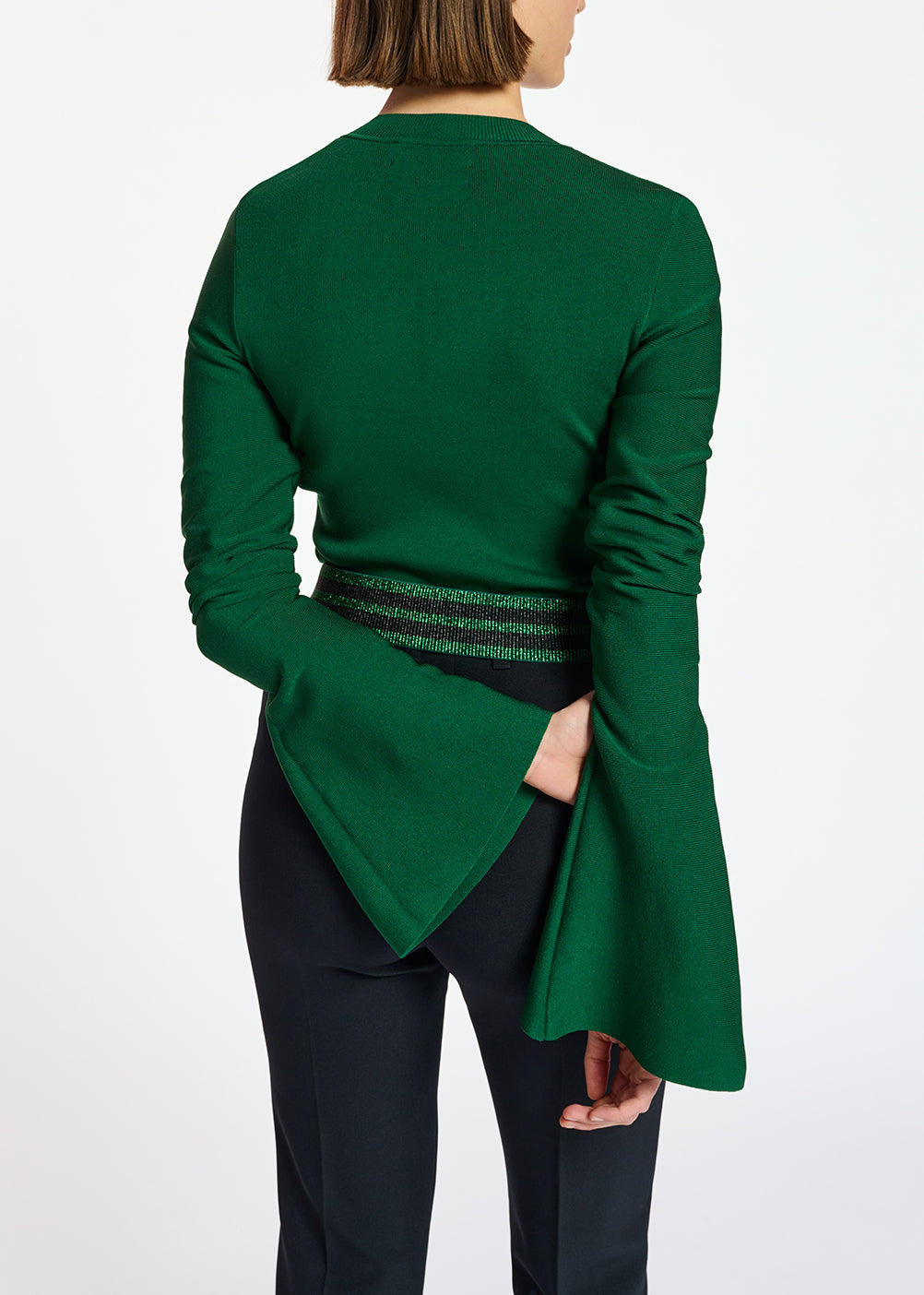 Dark green slim-fit knit sweater with trumpet sleeves RE—SSENTIEL | Essentiel second hand