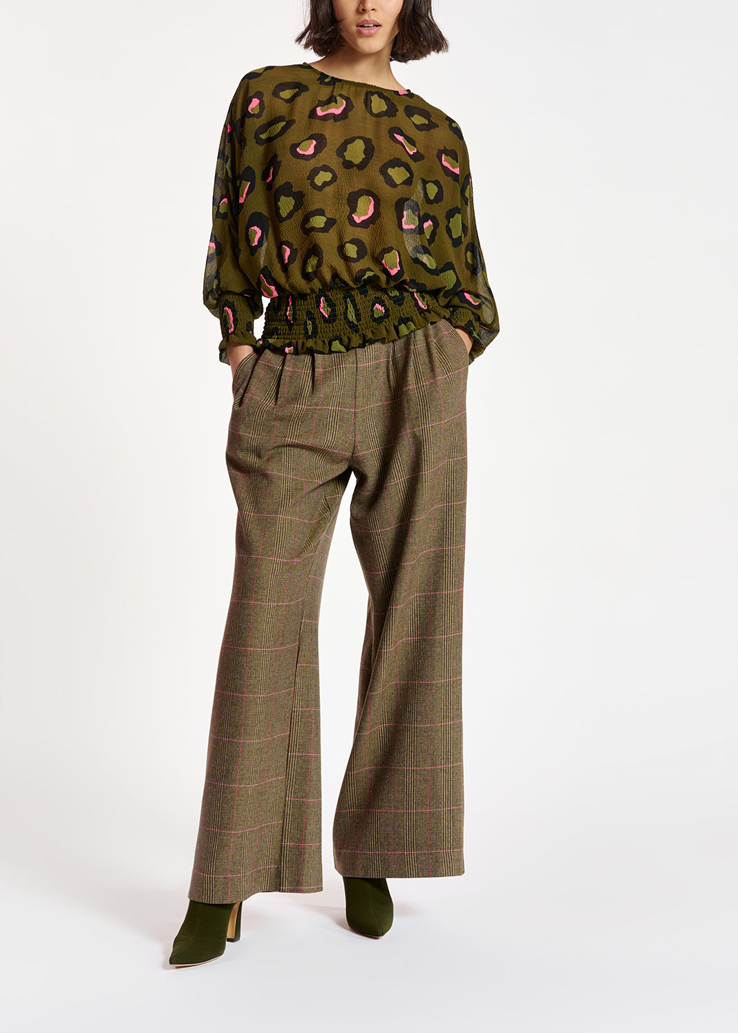 Kaki gesmokte top met luipaardprint RE—SSENTIEL | Essentiel second hand