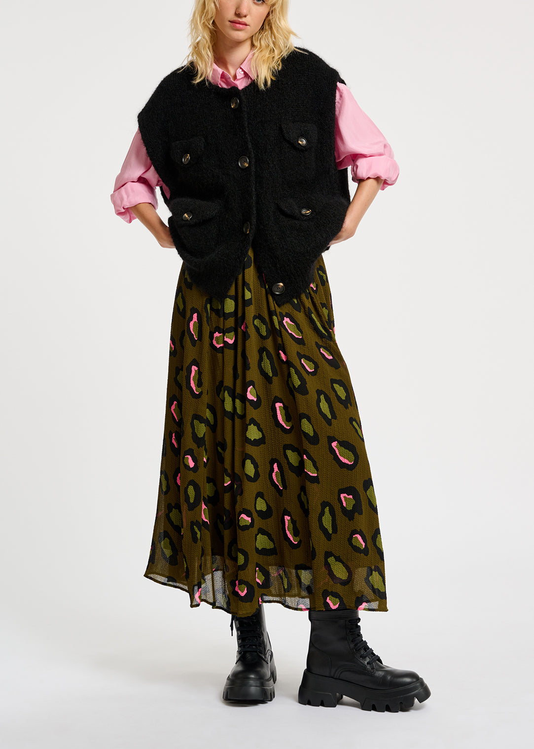 Khaki leopard-print midi skirt RE—SSENTIEL | Essentiel second hand