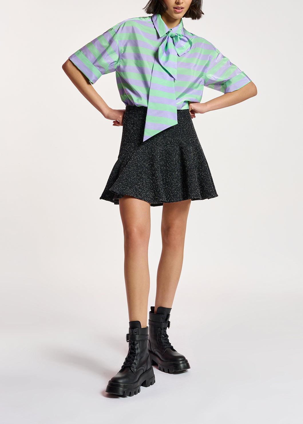 Lilac and mint green striped shirt with pussy bow RE—SSENTIEL | Essentiel second hand