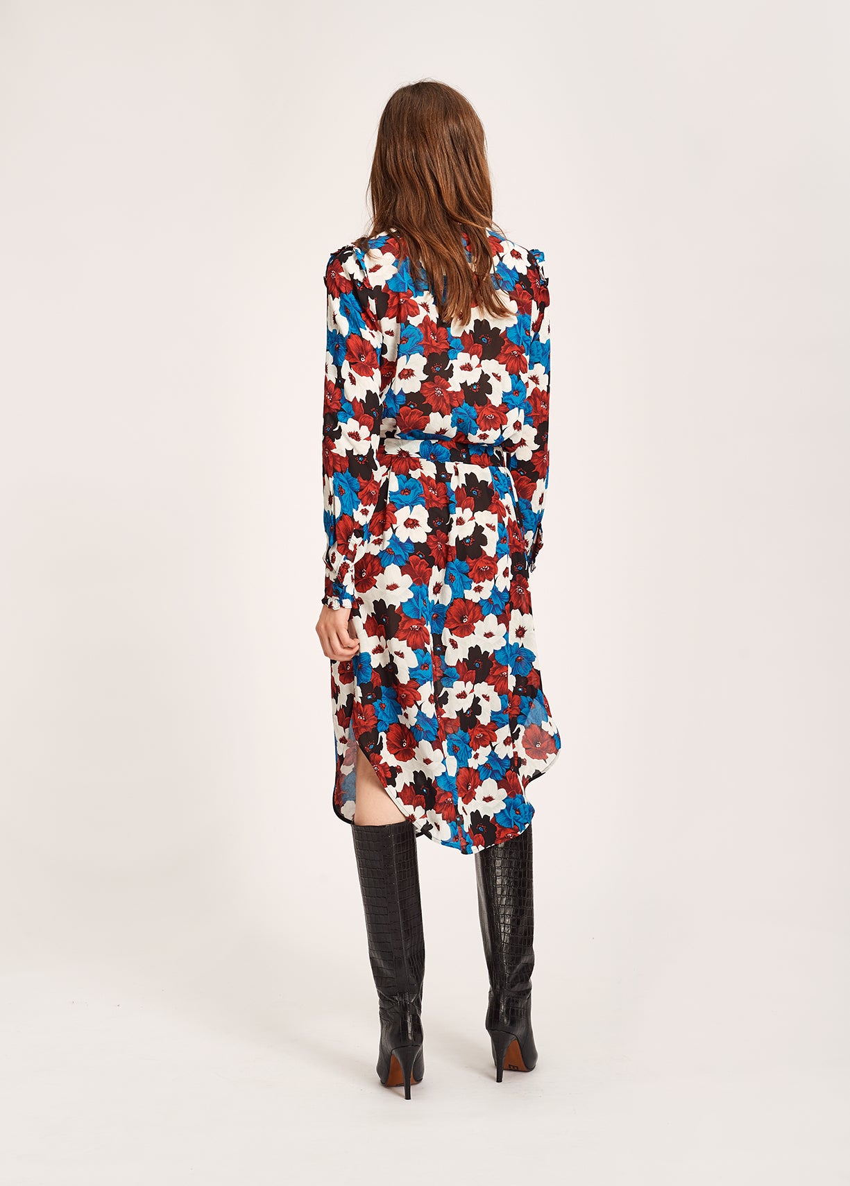 Hemdjurk met ruches en rode, blauwe en witte bloemenprint RE—SSENTIEL | Essentiel second hand