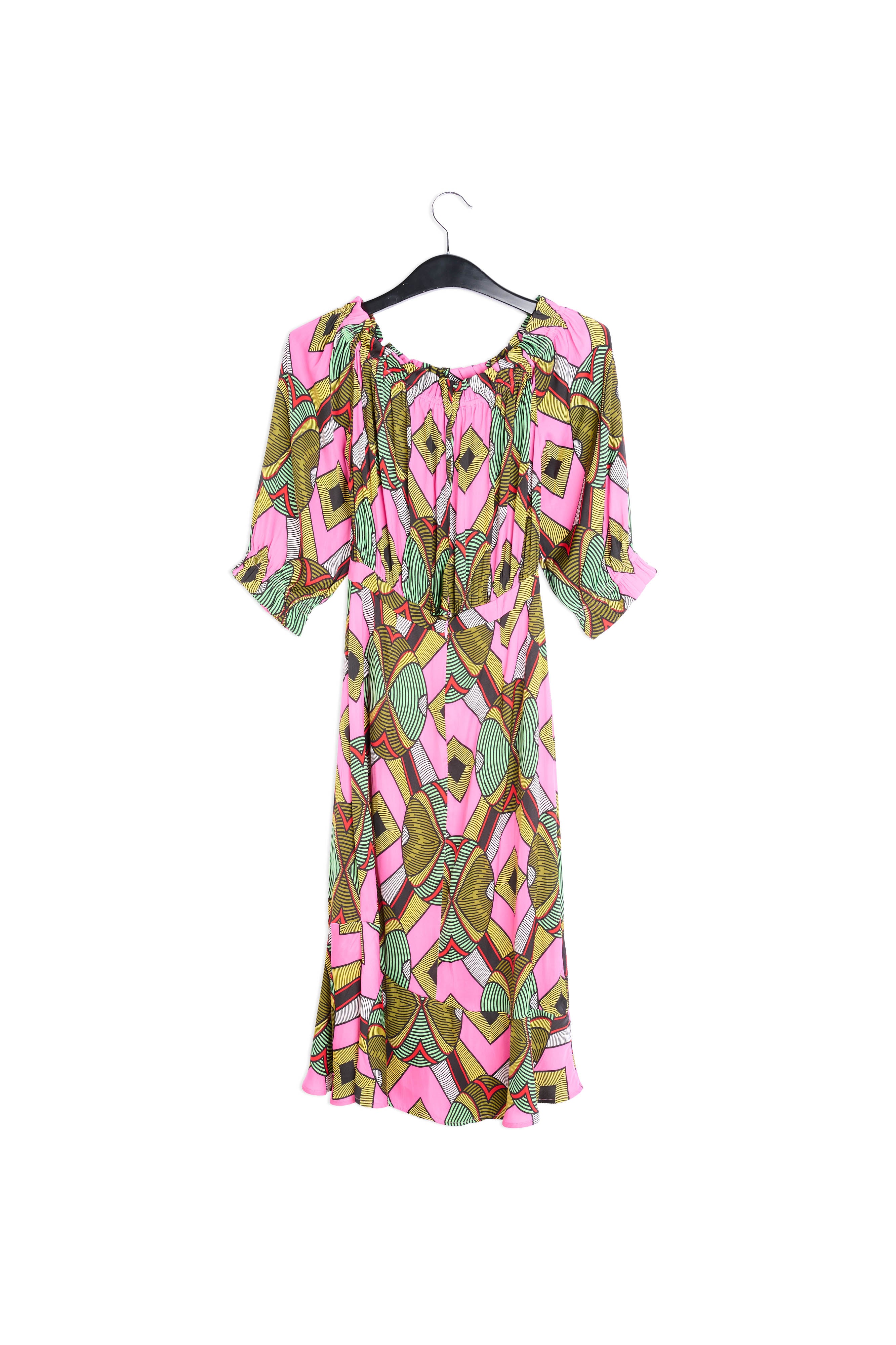 Kleurrijke grafische jurk met blote schouders RE—SSENTIEL | Essentiel second hand