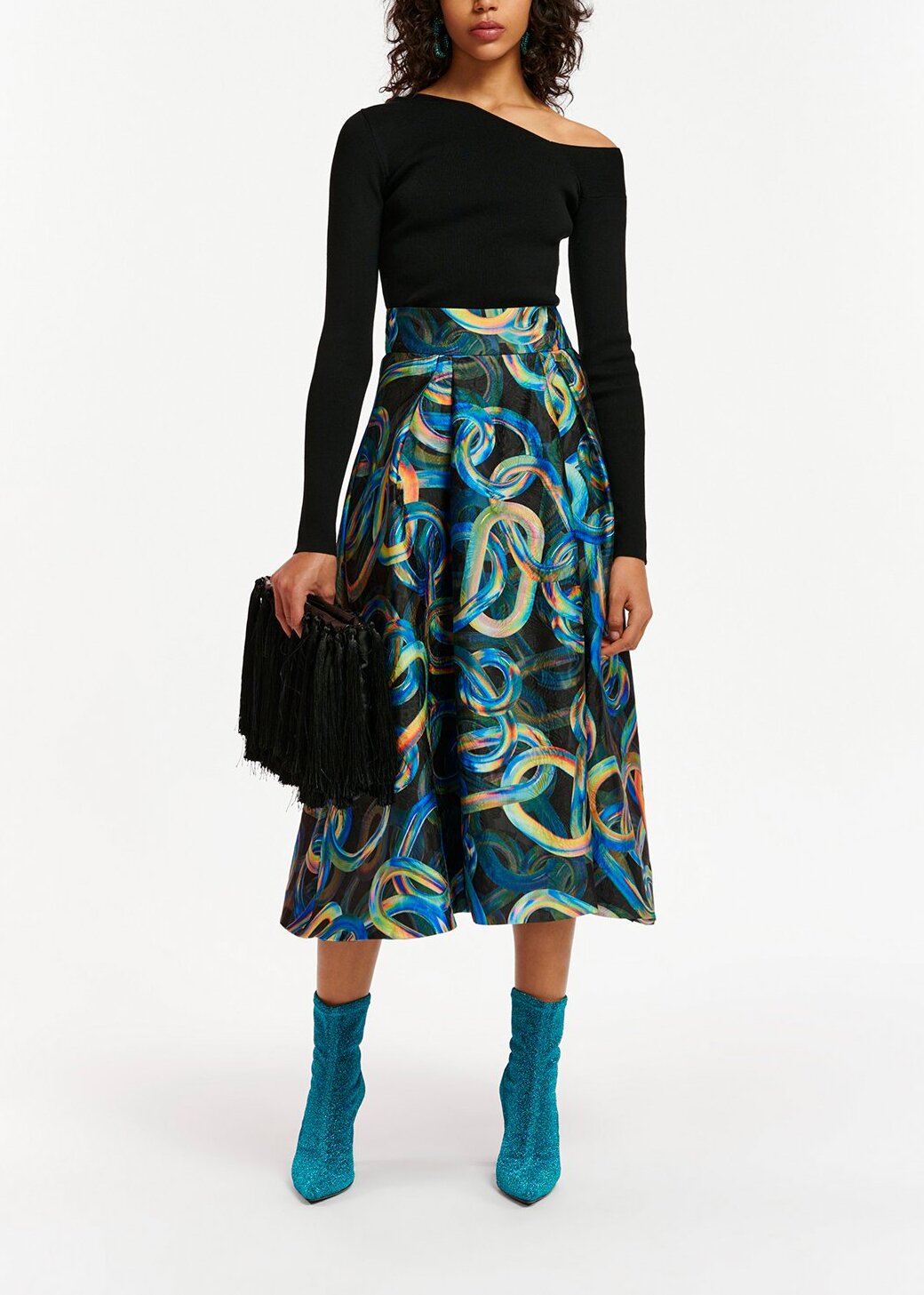 Black jacquard pleated midi skirt with abstract print RE—SSENTIEL | Essentiel second hand