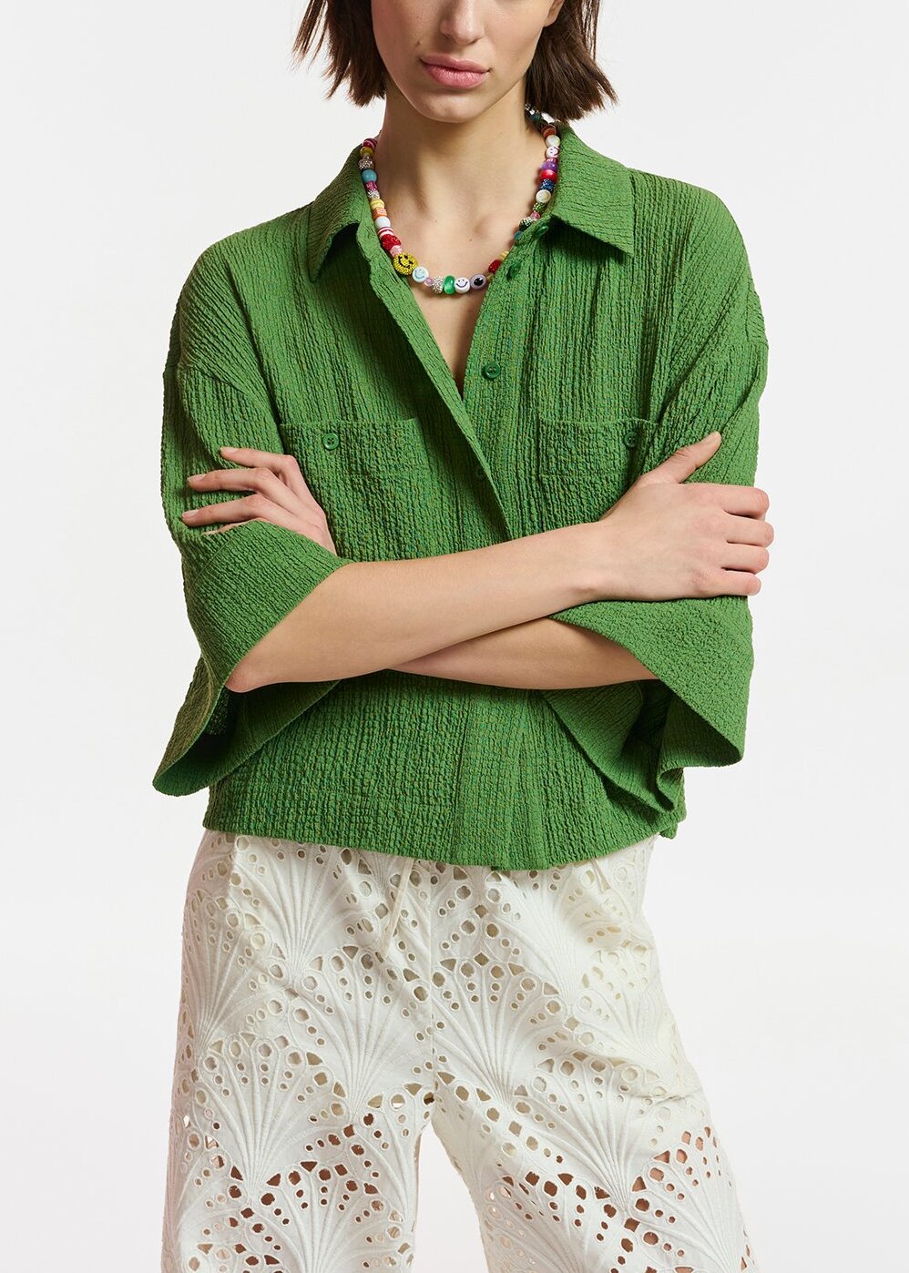 Dark green seersucker cropped shirt RE—SSENTIEL | Essentiel second hand