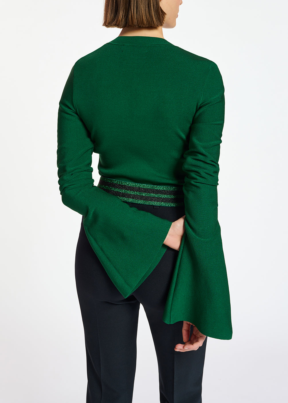 Dark green slim-fit knit sweater with trumpet sleeves RE—SSENTIEL | Essentiel second hand