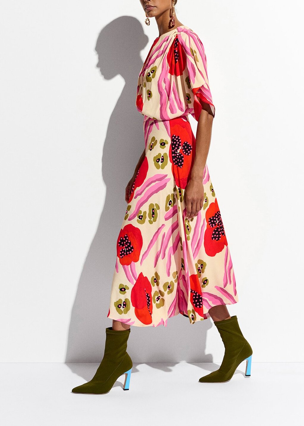 Ecru, red and pink abstract print midi-length dress RE—SSENTIEL | Essentiel second hand