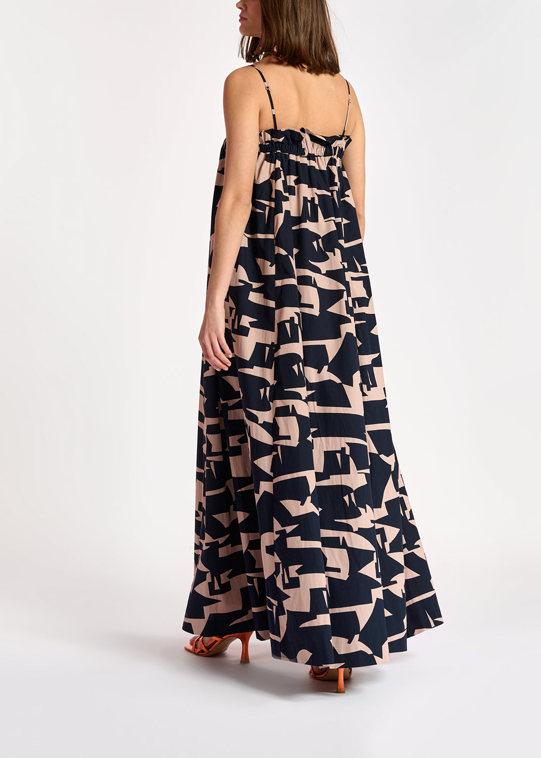 Dark blue and beige abstract print cotton maxi dress RE—SSENTIEL | Essentiel second hand