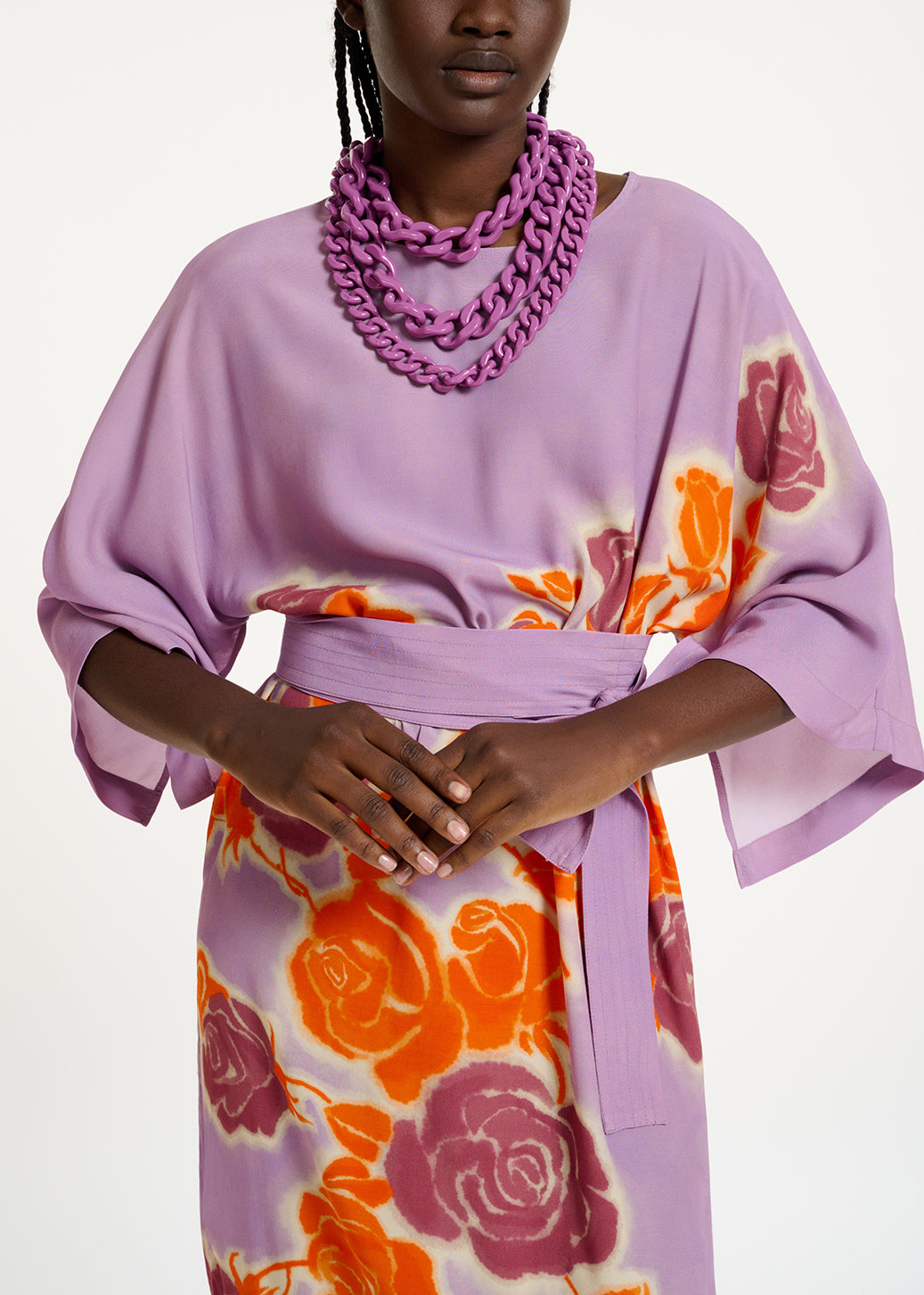 Lilac, orange and purple floral print knee-length dress RE—SSENTIEL | Essentiel second hand