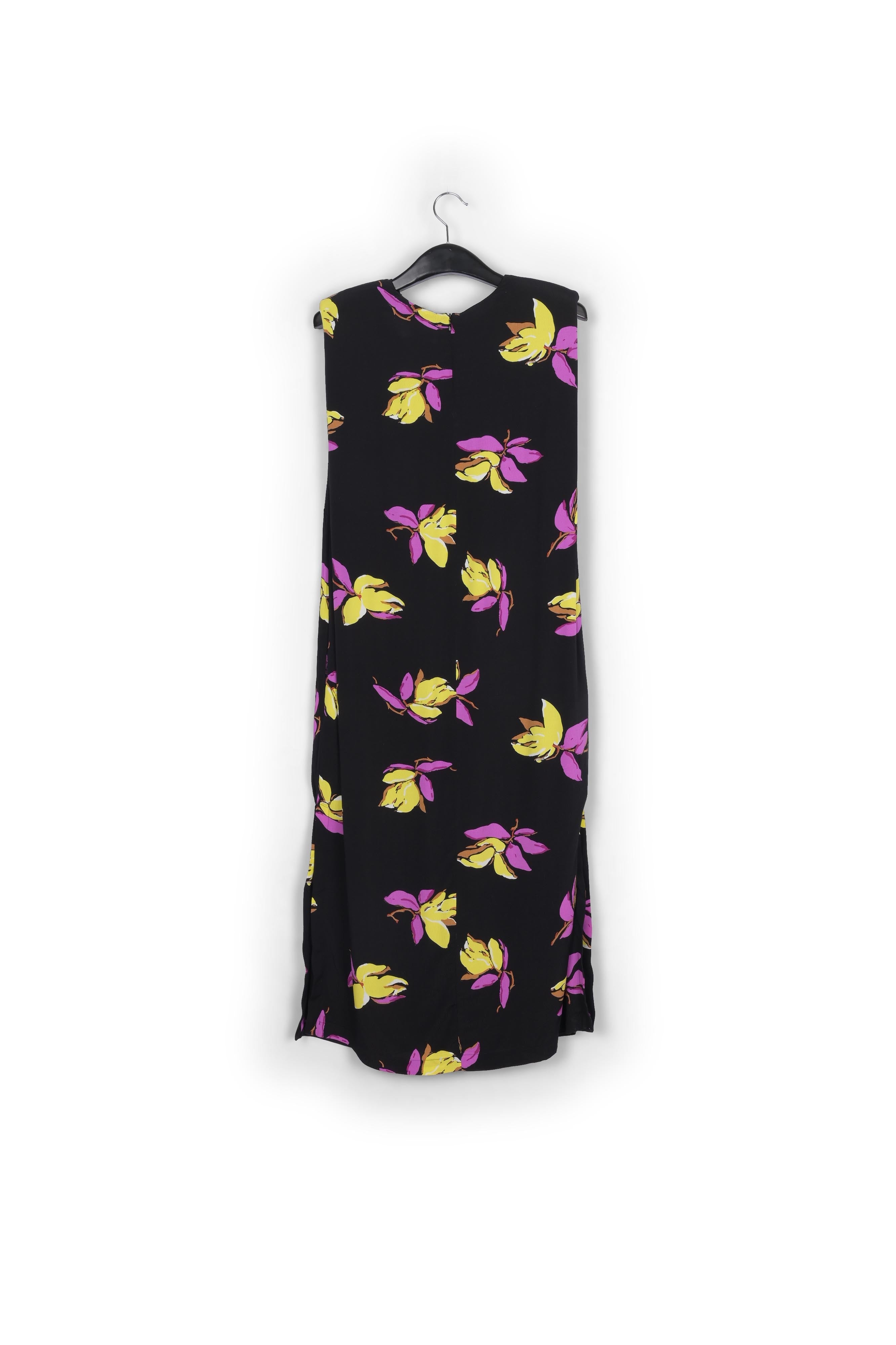 Black floral-print midi-length dress with padded shoulders RE—SSENTIEL | Essentiel second hand