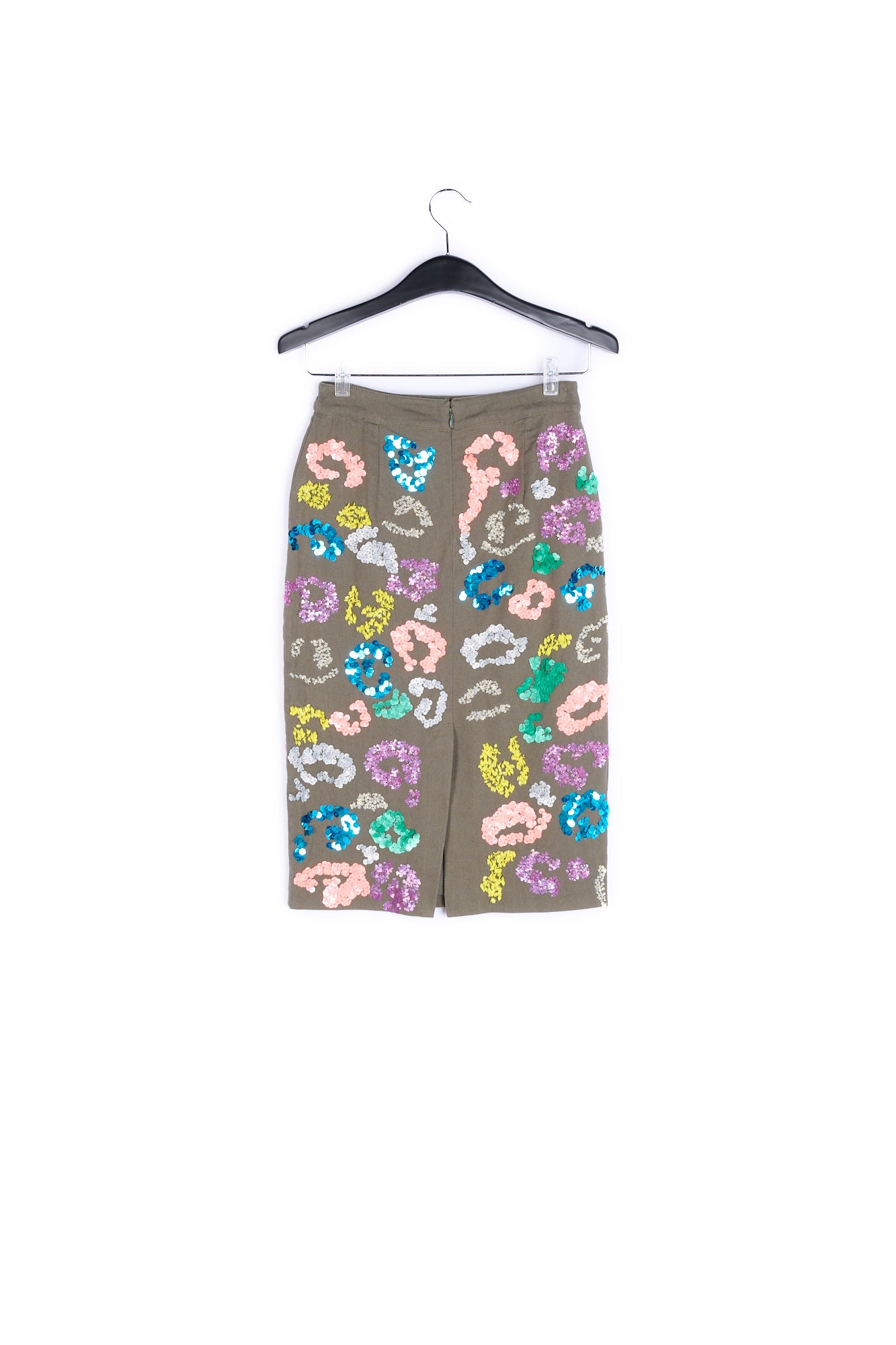 Army green sequined leopard print pencil skirt RE—SSENTIEL | Essentiel second hand