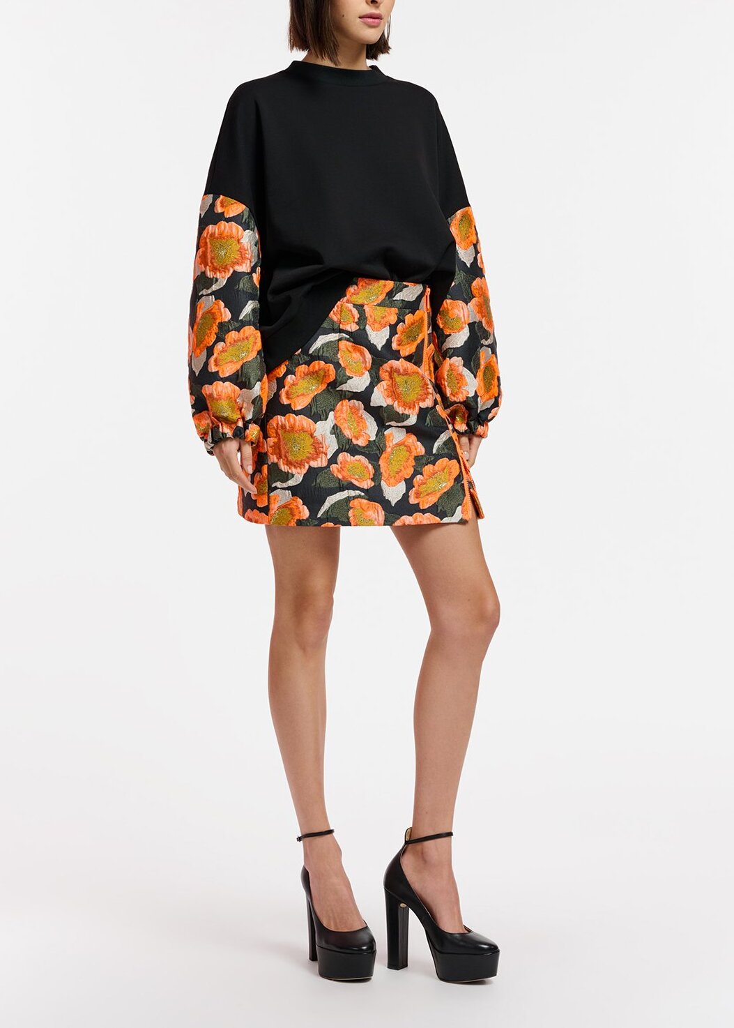 Black, orange and silver floral-jacquard mini skirt RE—SSENTIEL | Essentiel second hand