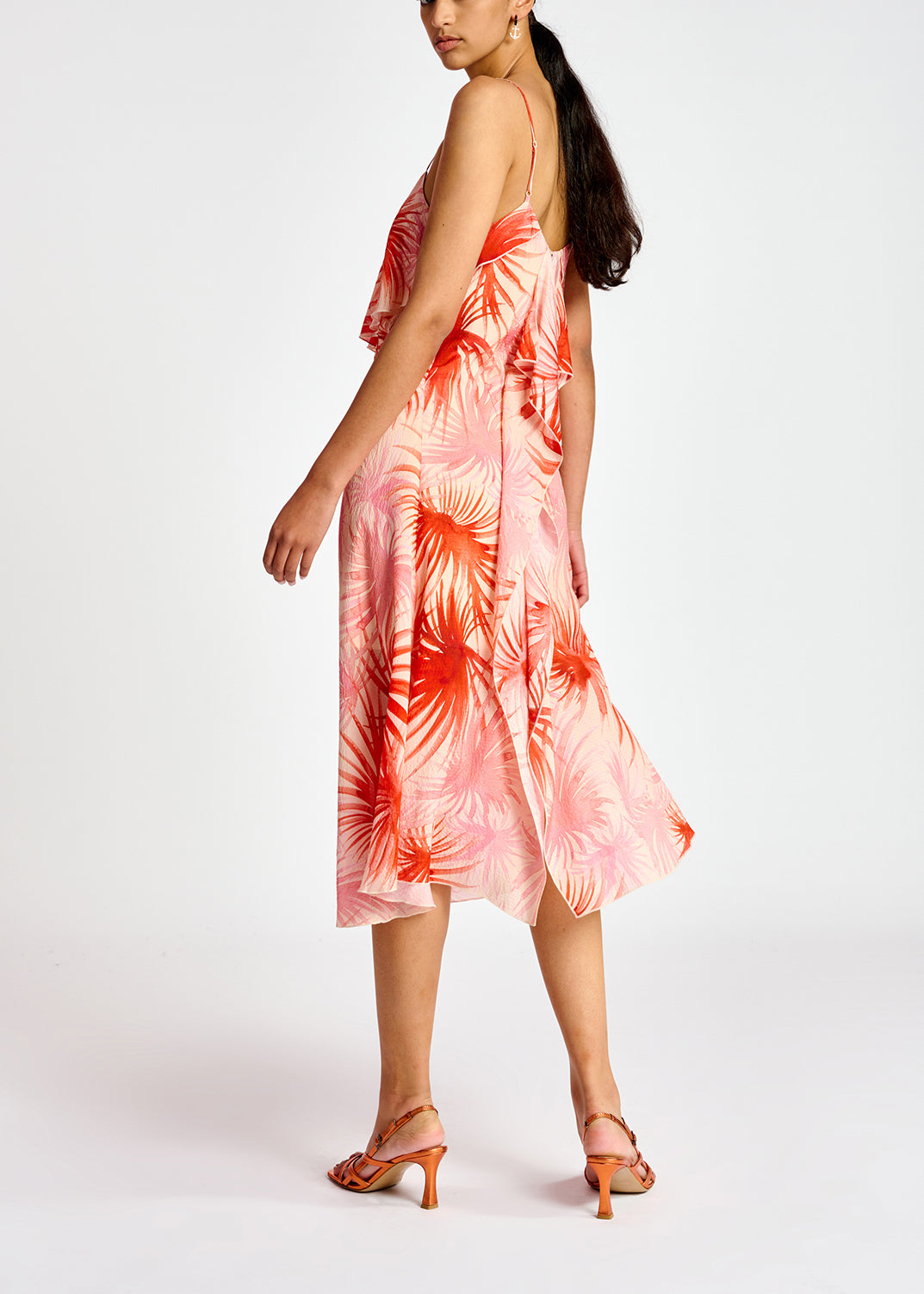 Orange viscose-silk asymmetrical midi dress with palm leaf print RE—SSENTIEL | Essentiel second hand