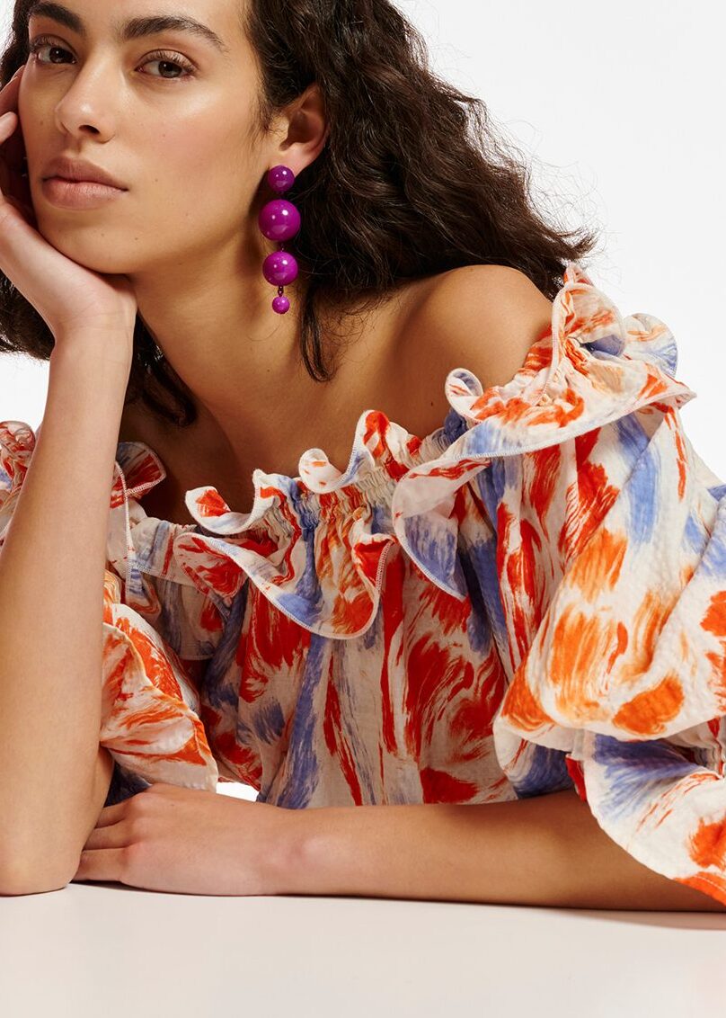 Light blue and orange floral print off-the-shoulder top RE—SSENTIEL | Essentiel second hand