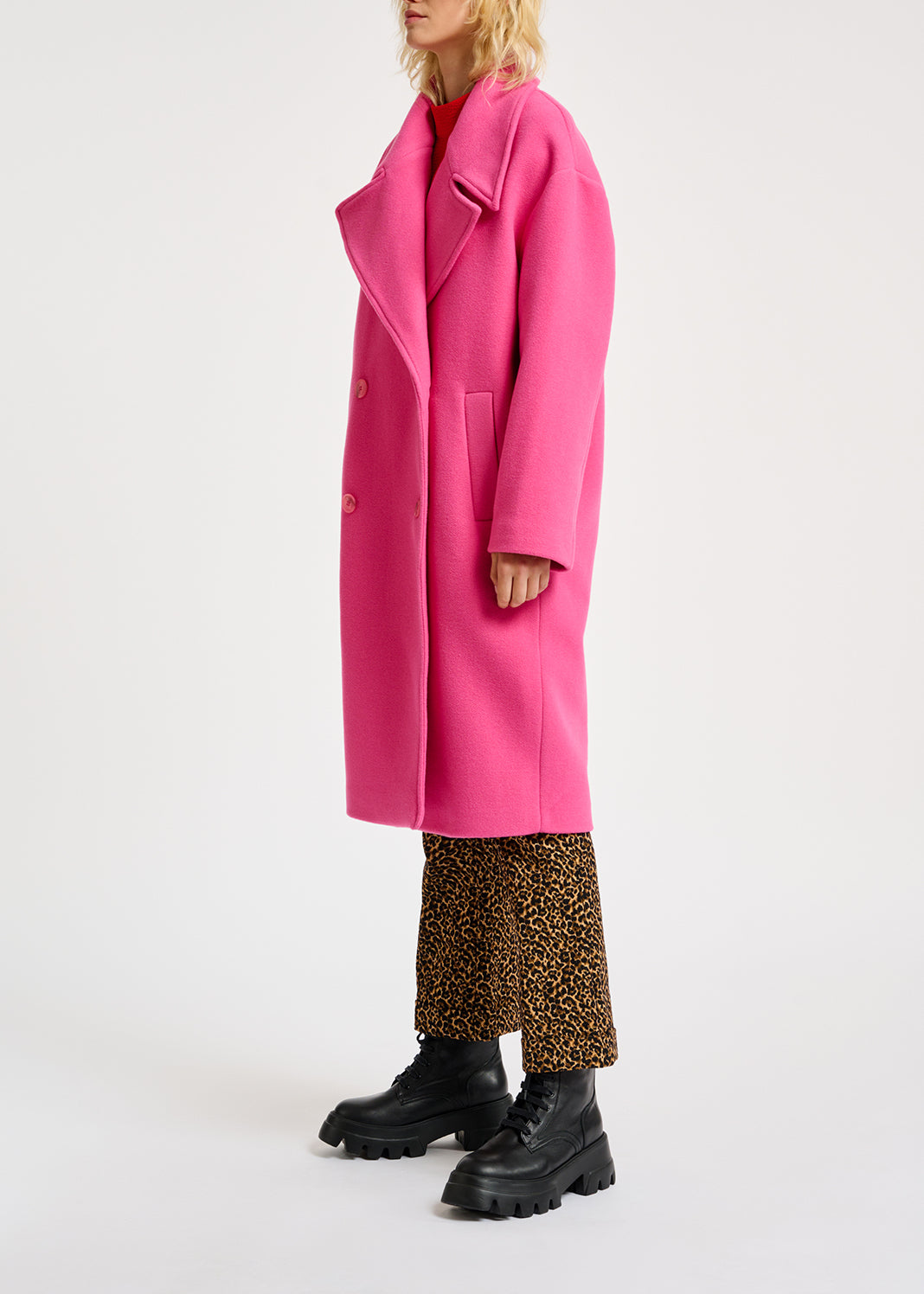 Manteau rose néon à  double boutonnage en laine mélangée RE—SSENTIEL | Essentiel second hand