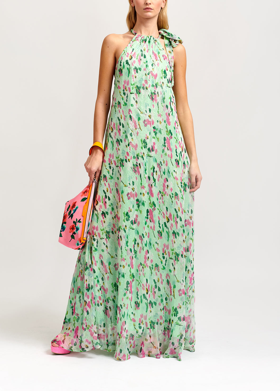 Mint green floral-print halterneck maxi dress RE—SSENTIEL | Essentiel second hand