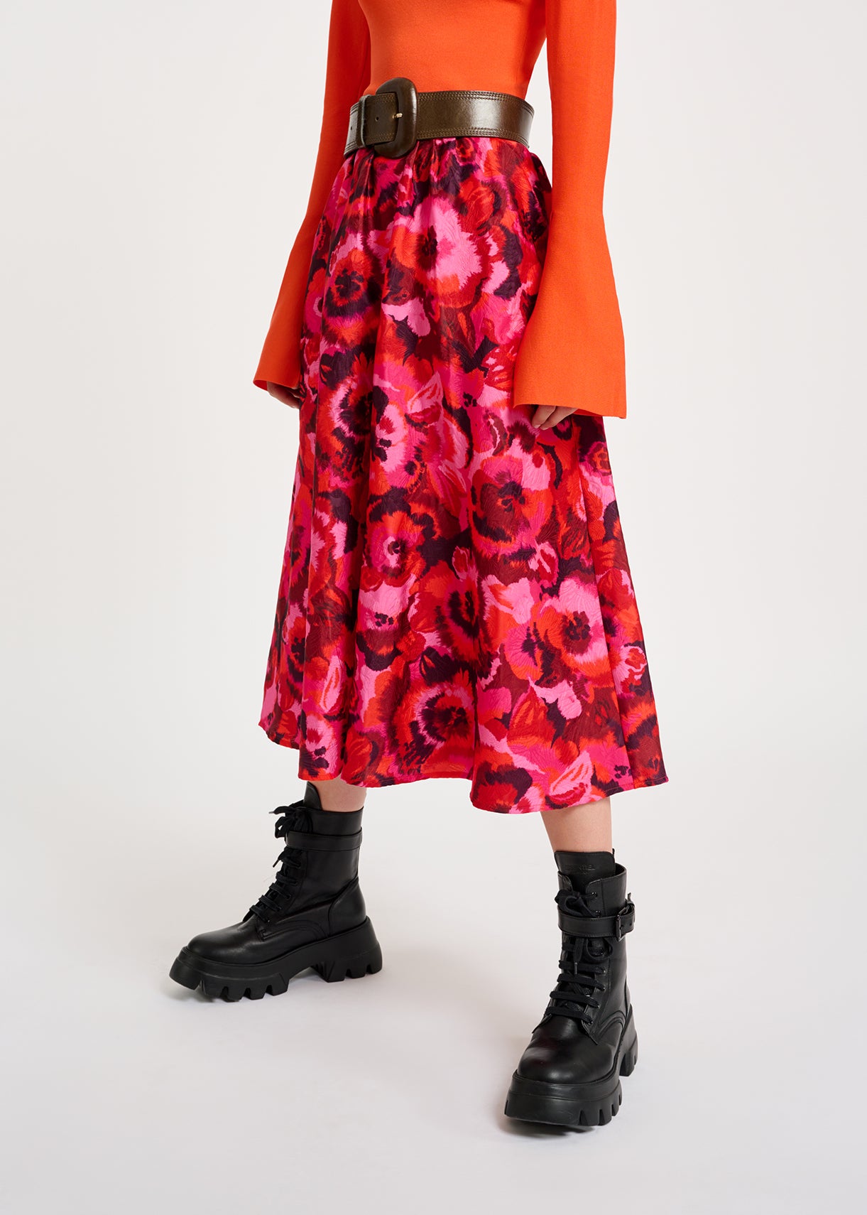 Pink, red and purple floral-jacquard midi skirt RE—SSENTIEL | Essentiel second hand