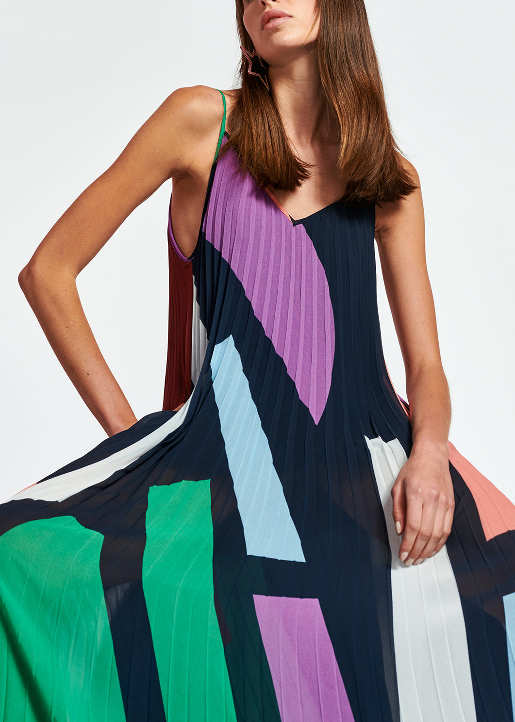 Dark blue graphic print plissé midi dress RE—SSENTIEL | Essentiel second hand