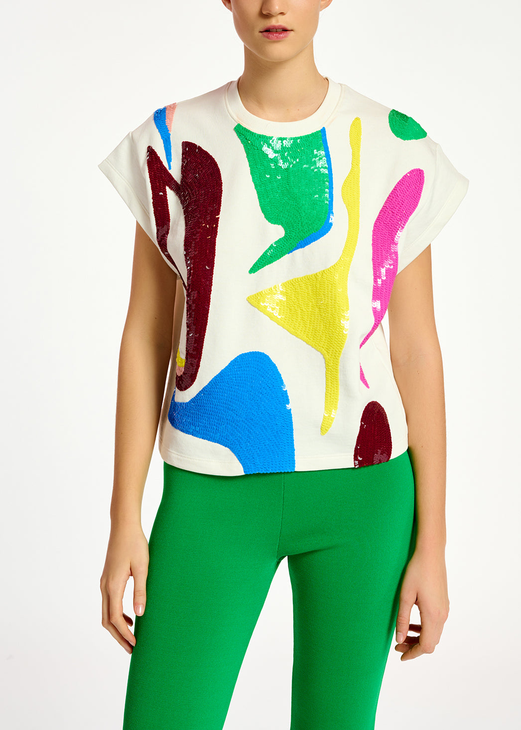 Off-white short-sleeved sweatshirt with multicolor sequin embroideries RE—SSENTIEL | Essentiel second hand