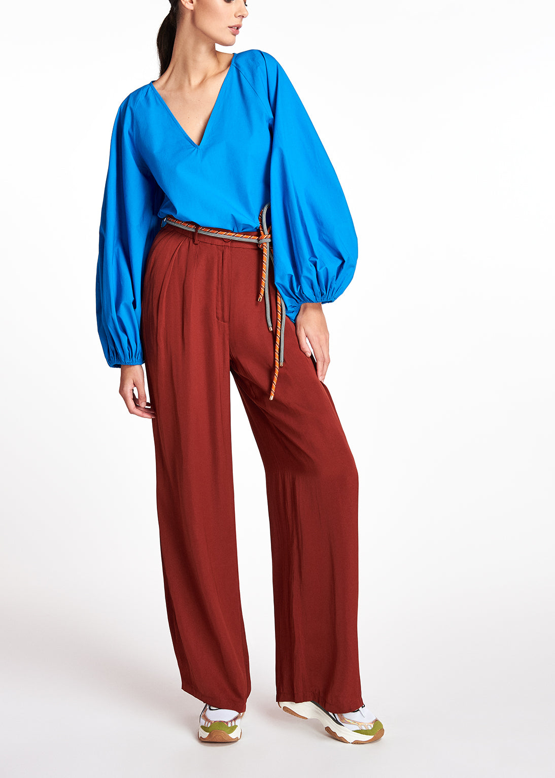 Blue V-neck top with puffed sleeves RE—SSENTIEL | Essentiel second hand