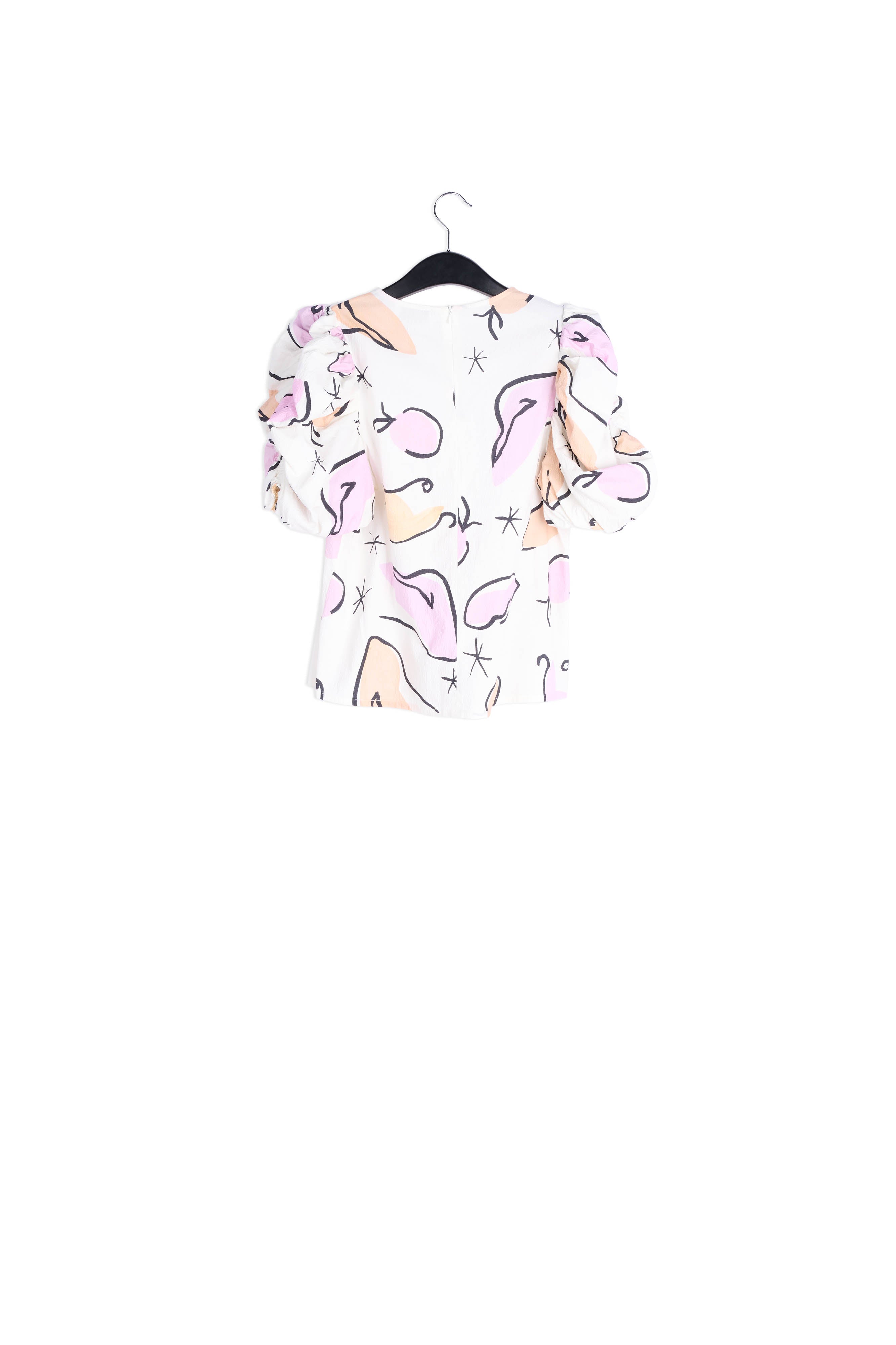 Witte top met pofmouwen en abstracte print RE—SSENTIEL | Essentiel second hand