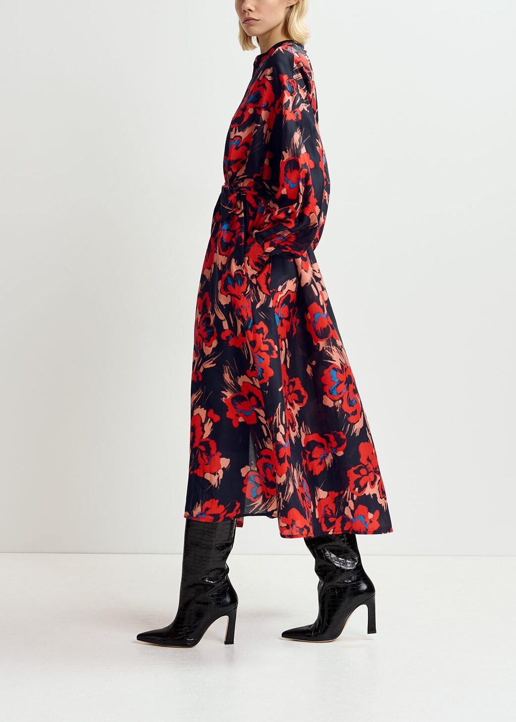 Black maxi-length silk dress with floral print RE—SSENTIEL | Essentiel second hand