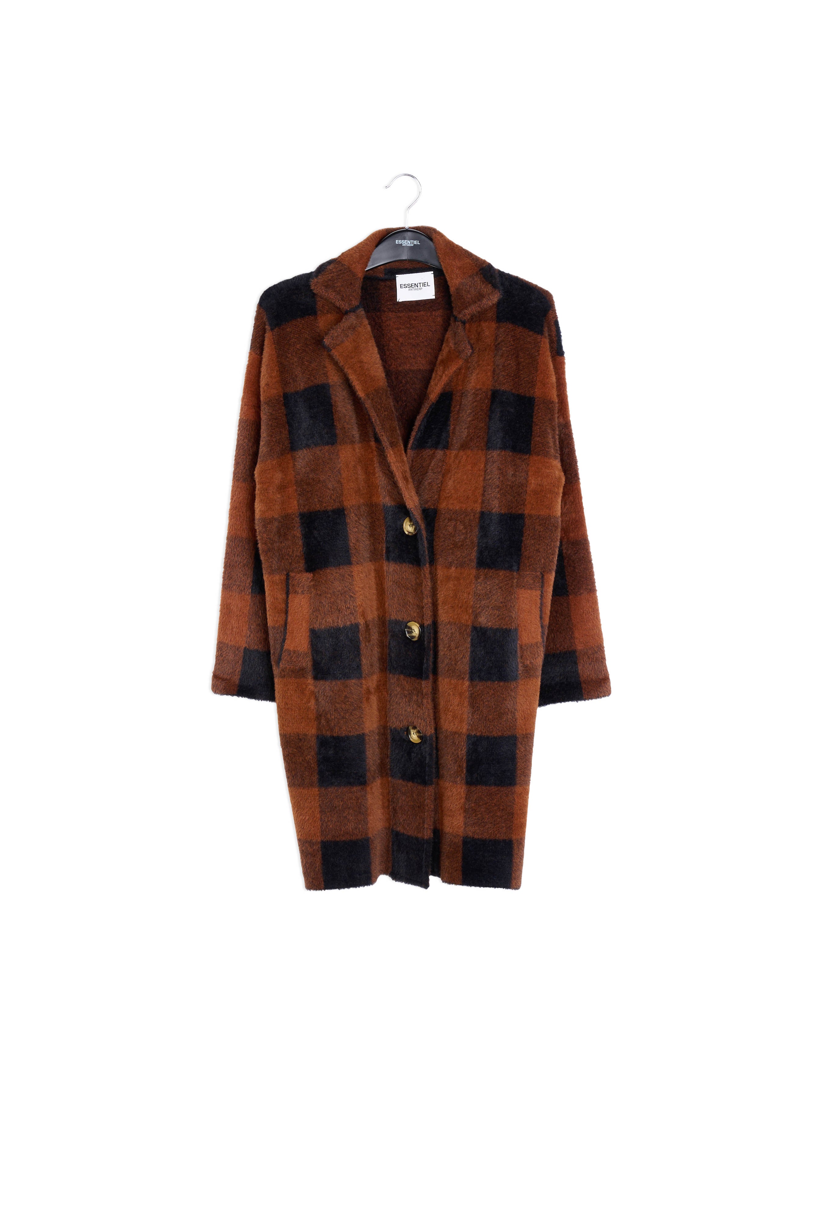 Black and blue check knitted coat RE—SSENTIEL | Essentiel second hand