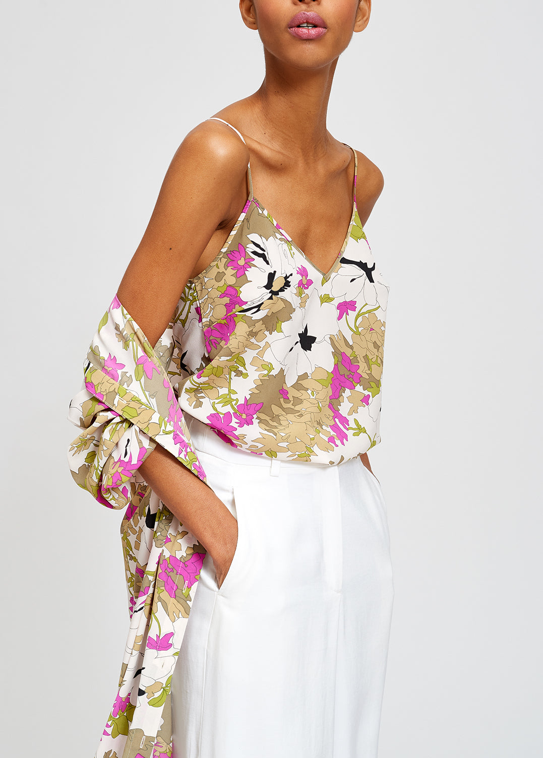 Khaki green, white and pink floral camisole RE—SSENTIEL | Essentiel second hand