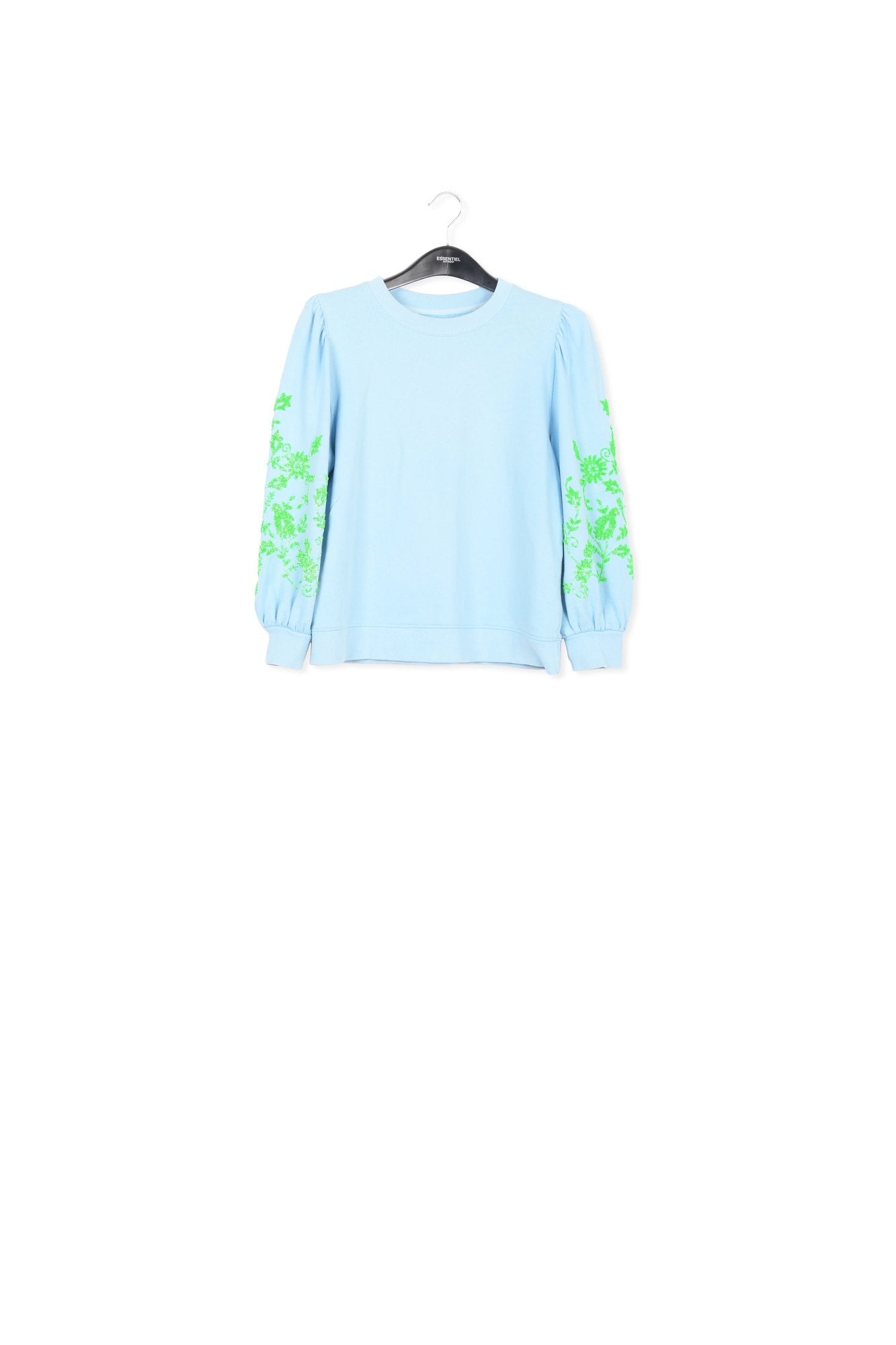 Blue sweatshirt with green floral beaded embroideries RE—SSENTIEL | Essentiel second hand