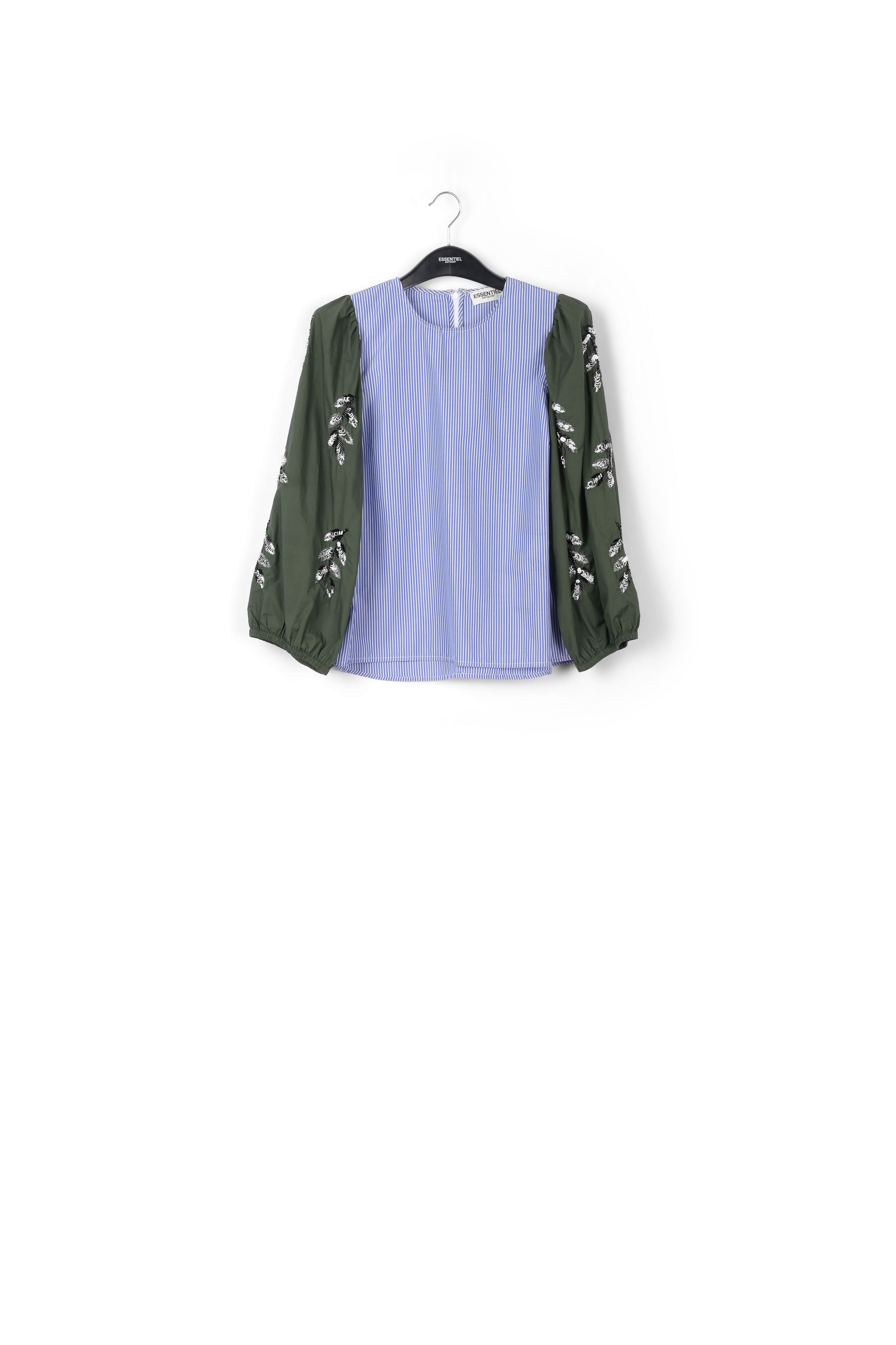 Blue and khaki embellished puff sleeved top RE—SSENTIEL | Essentiel second hand