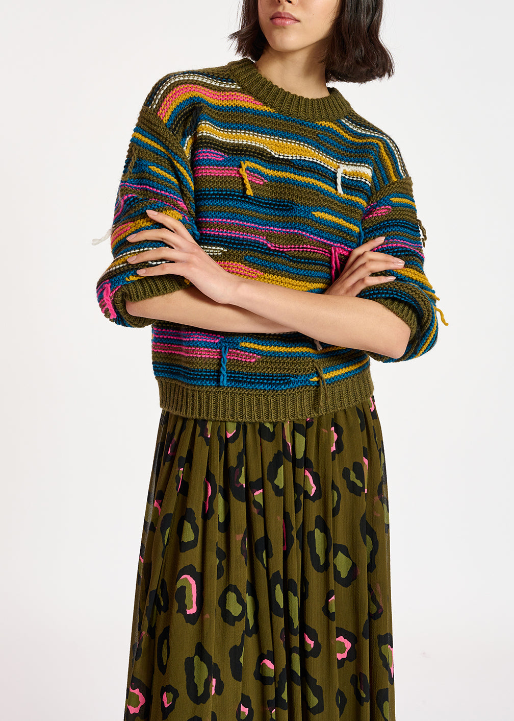 Pull kaki à rayures effet à l'envers RE—SSENTIEL | Essentiel second hand