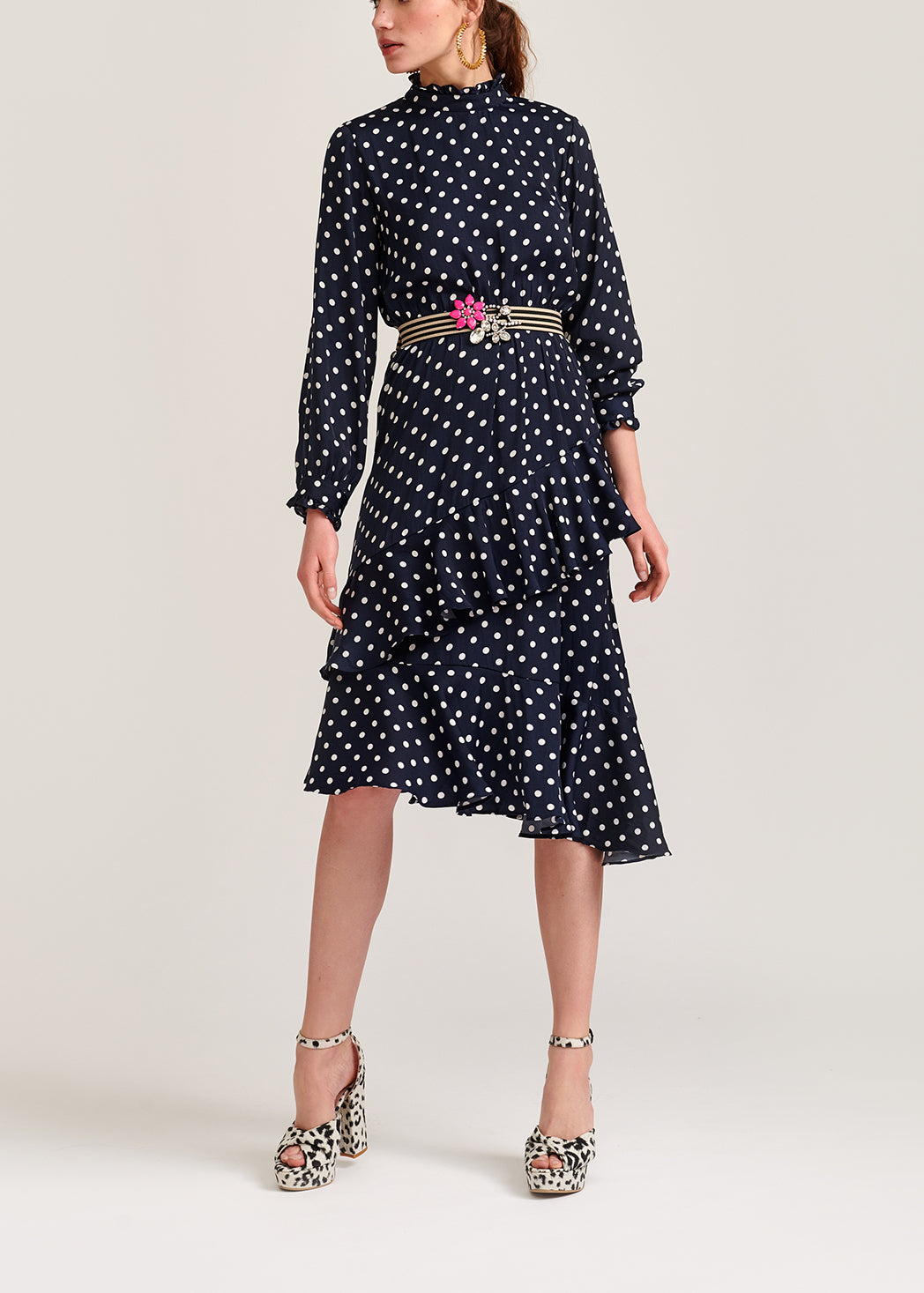 Dark blue polka dot ruffled midi dress RE—SSENTIEL | Essentiel second hand