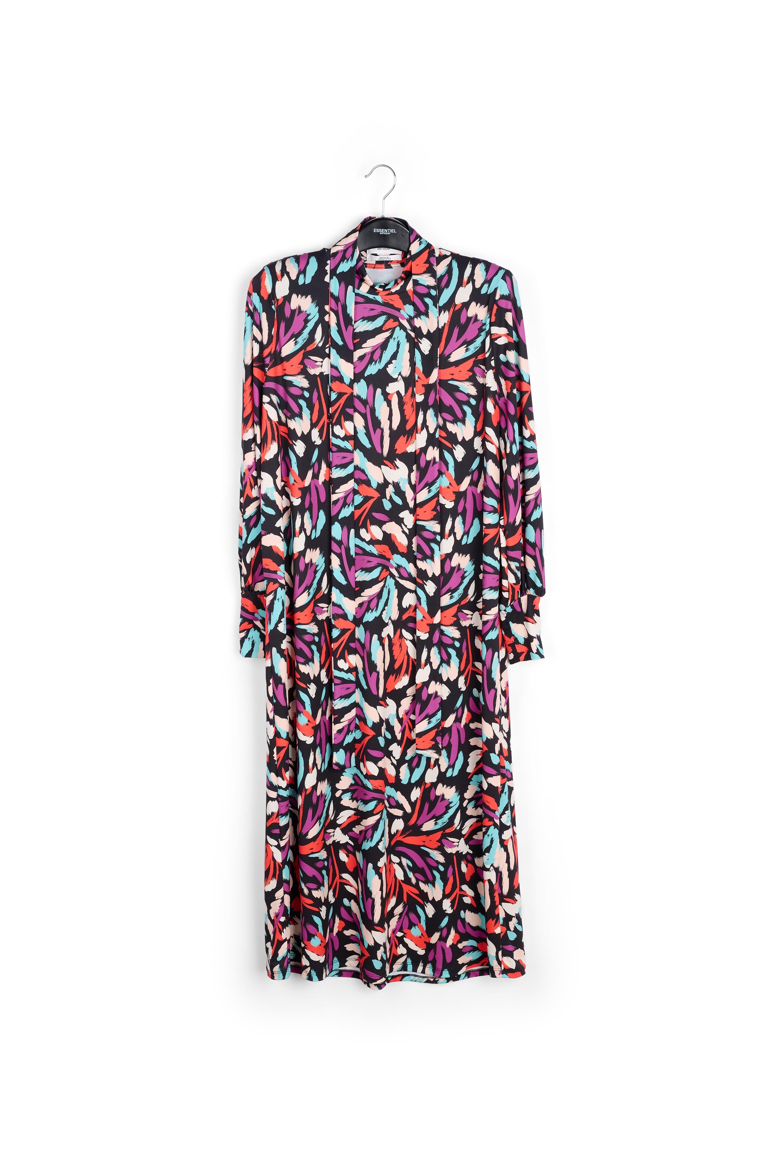 Midi-jurk in zwart, koraalrood en paars stretch jersey RE—SSENTIEL | Essentiel second hand