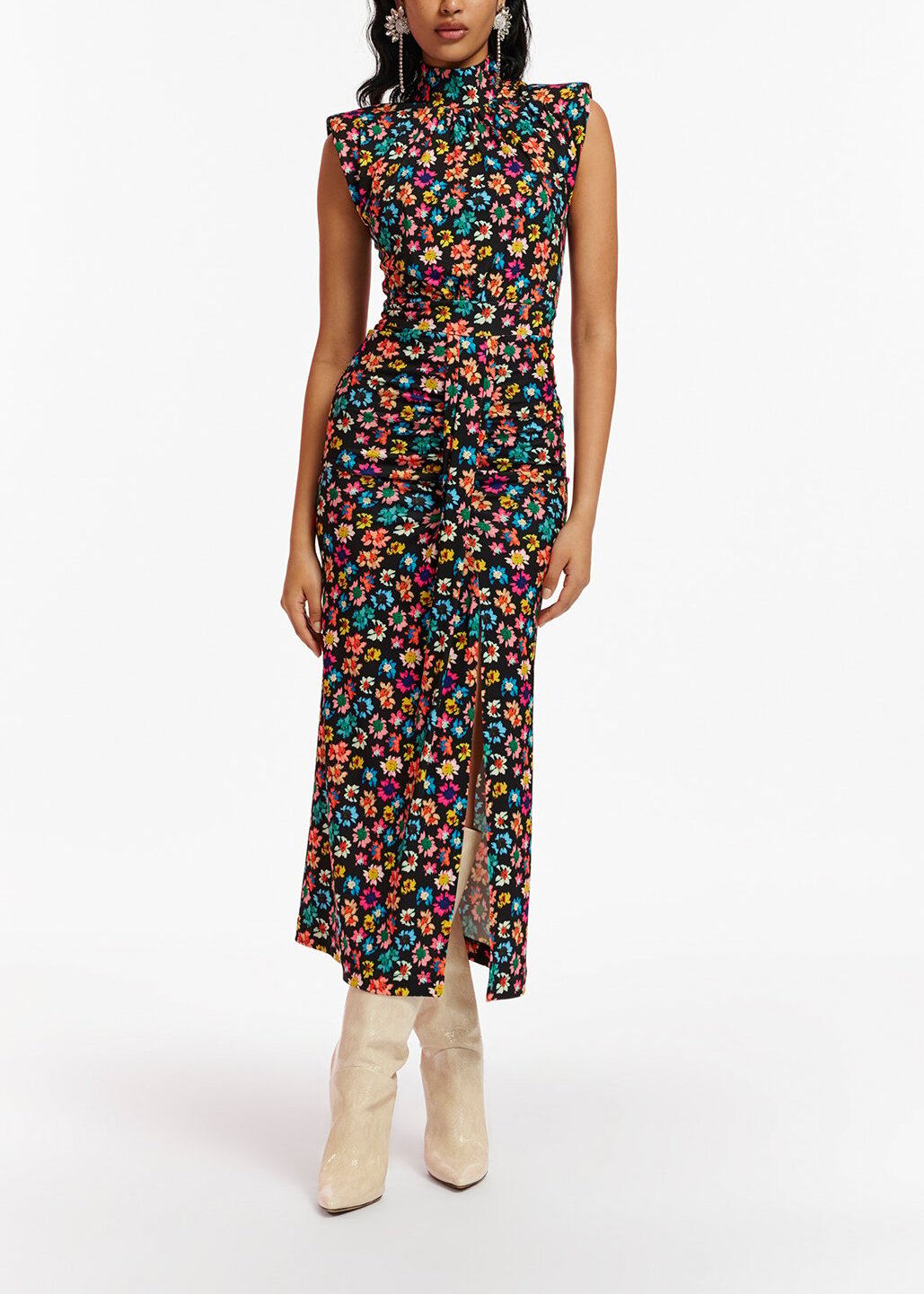 Robe midi en jersey stretch noir à  imprimé fleuri RE—SSENTIEL | Essentiel second hand