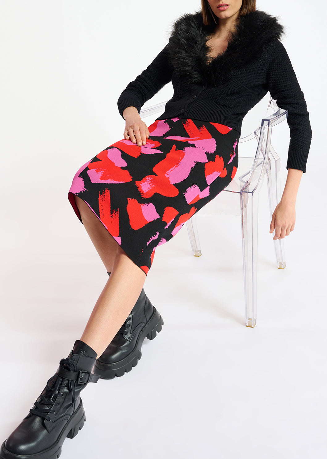 Black, red and fuchsia jacquard-knit midi skirt RE—SSENTIEL | Essentiel second hand