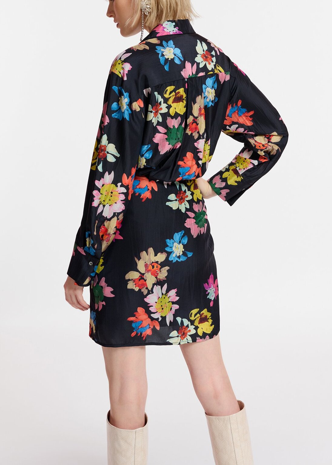 Black silk mini wrap dress with floral print RE—SSENTIEL | Essentiel second hand