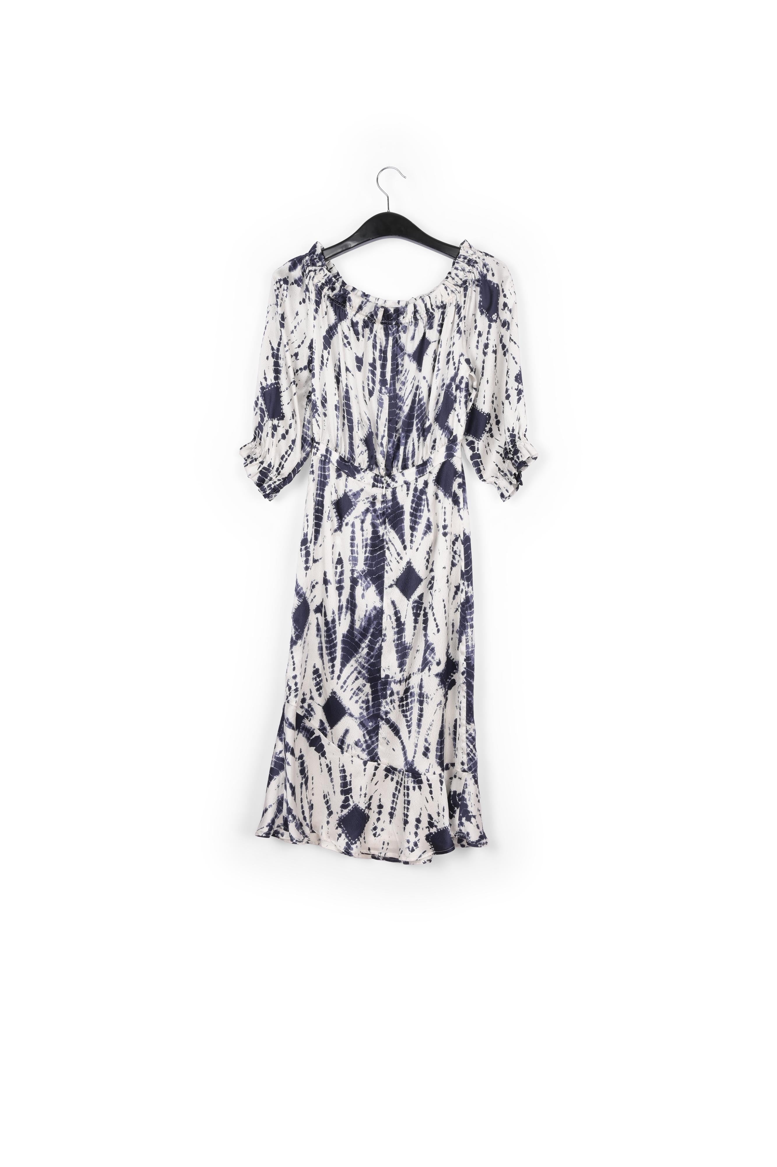 Off-white and dark blue tie-dyed off-the-shoulder silk dress RE—SSENTIEL | Essentiel second hand