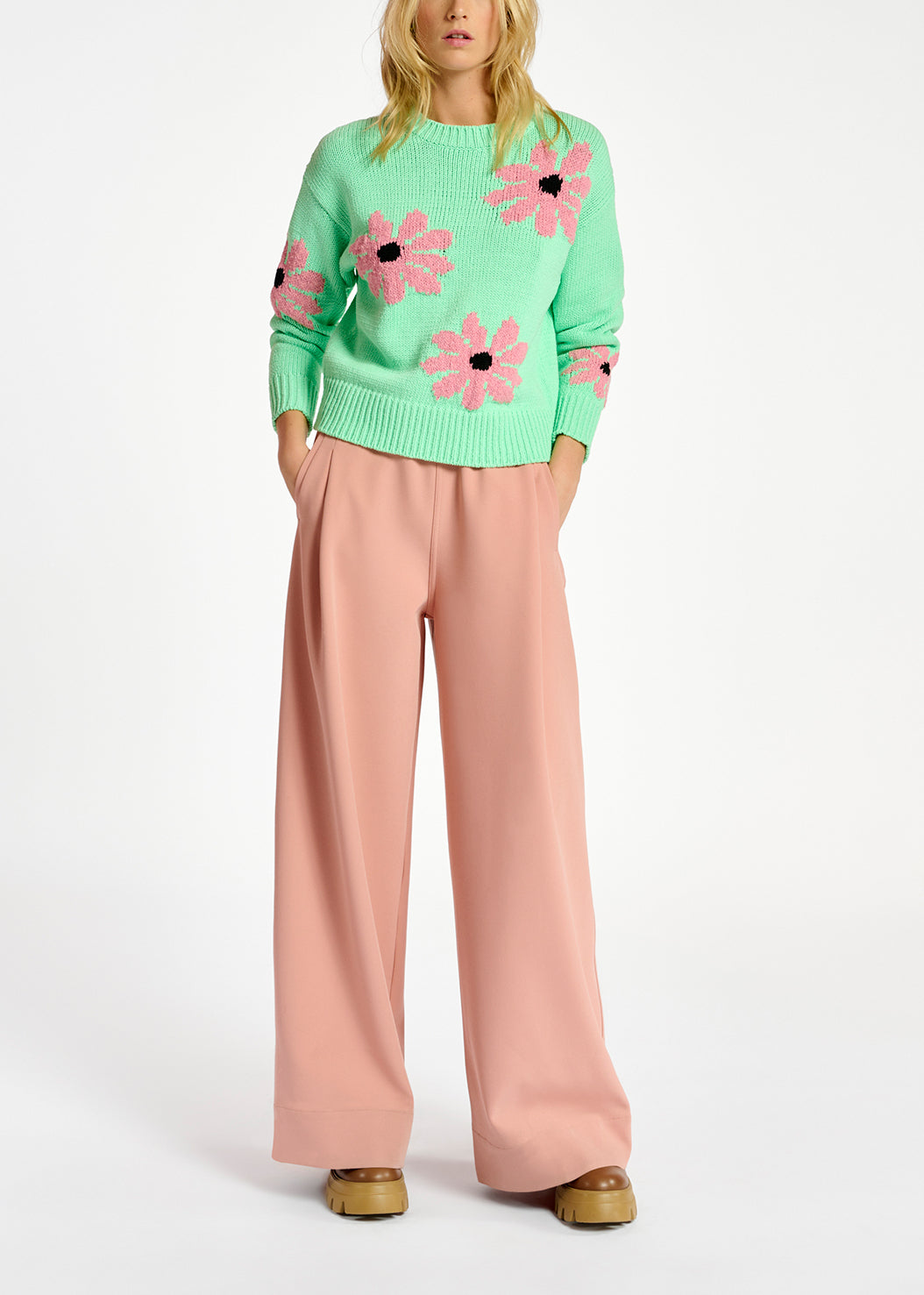 Pull intarsia vert menthe et rose à  fleurs RE—SSENTIEL | Essentiel second hand