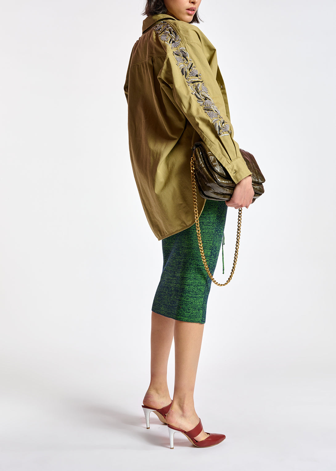 Khaki cotton shirt with bead embroidery RE—SSENTIEL | Essentiel second hand