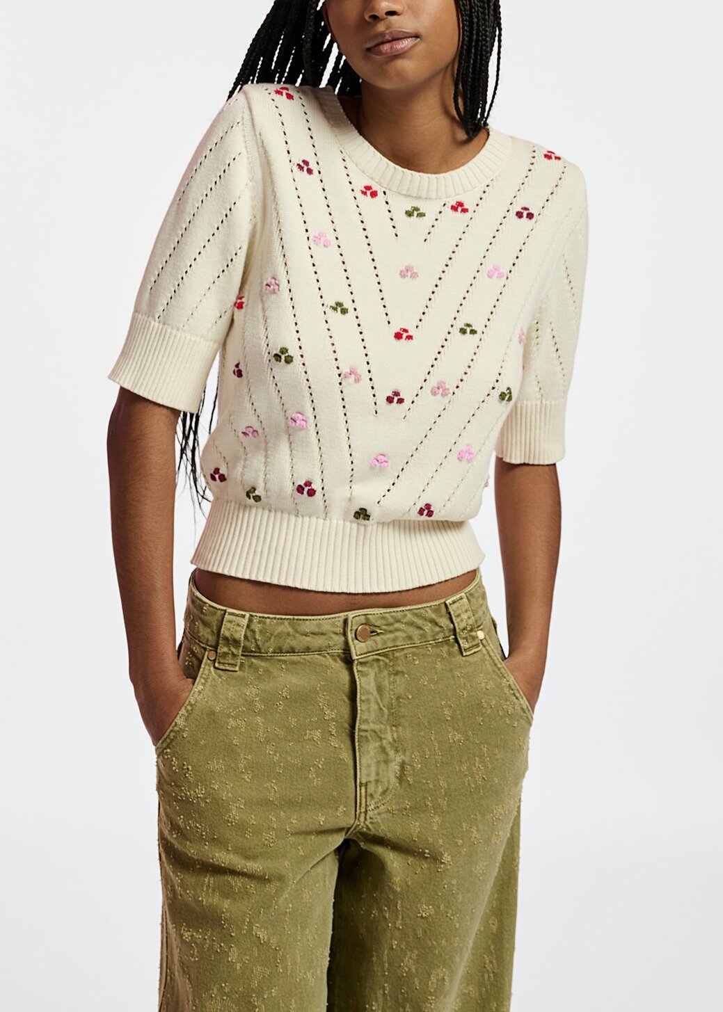 Ecru pointelle-knitted sweater with embroideries RE—SSENTIEL | Essentiel second hand