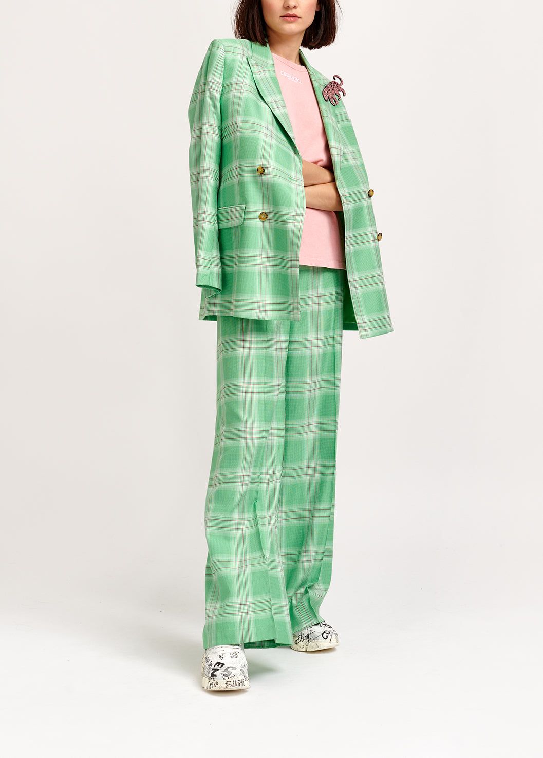 Green plaid double-breasted blazer RE—SSENTIEL | Essentiel second hand