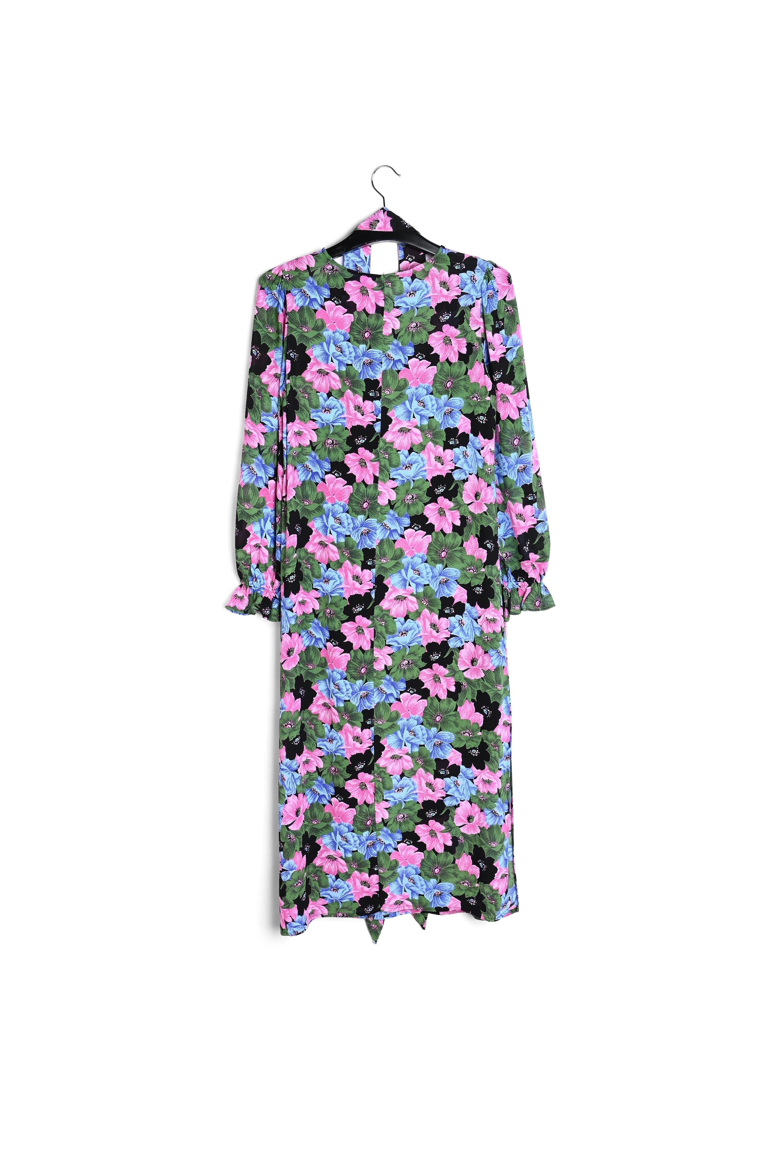 Midi-jurk met riem en zwarte, lichtgroene en fuchsia bloemenprint RE—SSENTIEL | Essentiel second hand