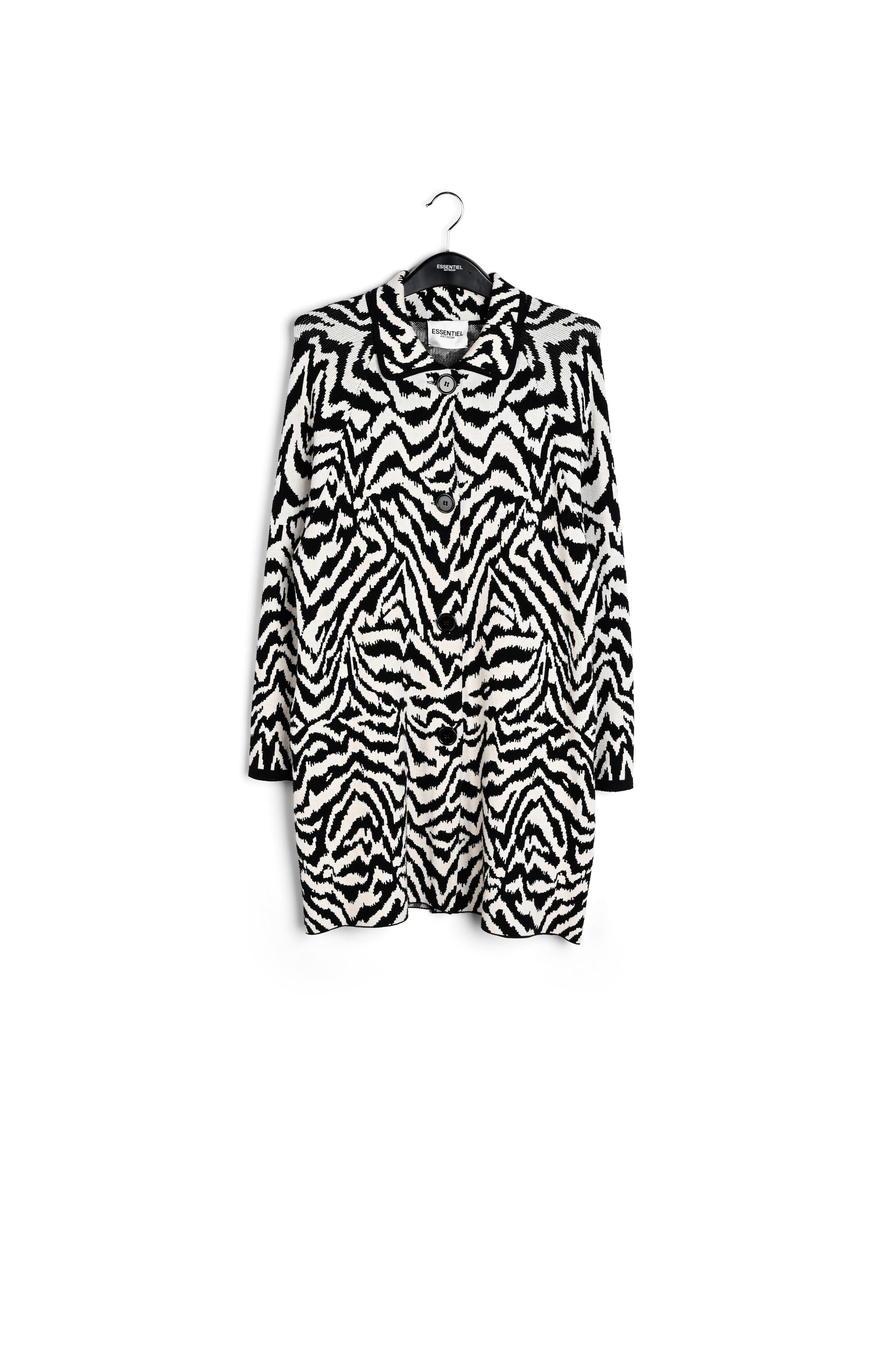 Long black and off-white jacquard coat with zebra motif RE—SSENTIEL | Essentiel second hand