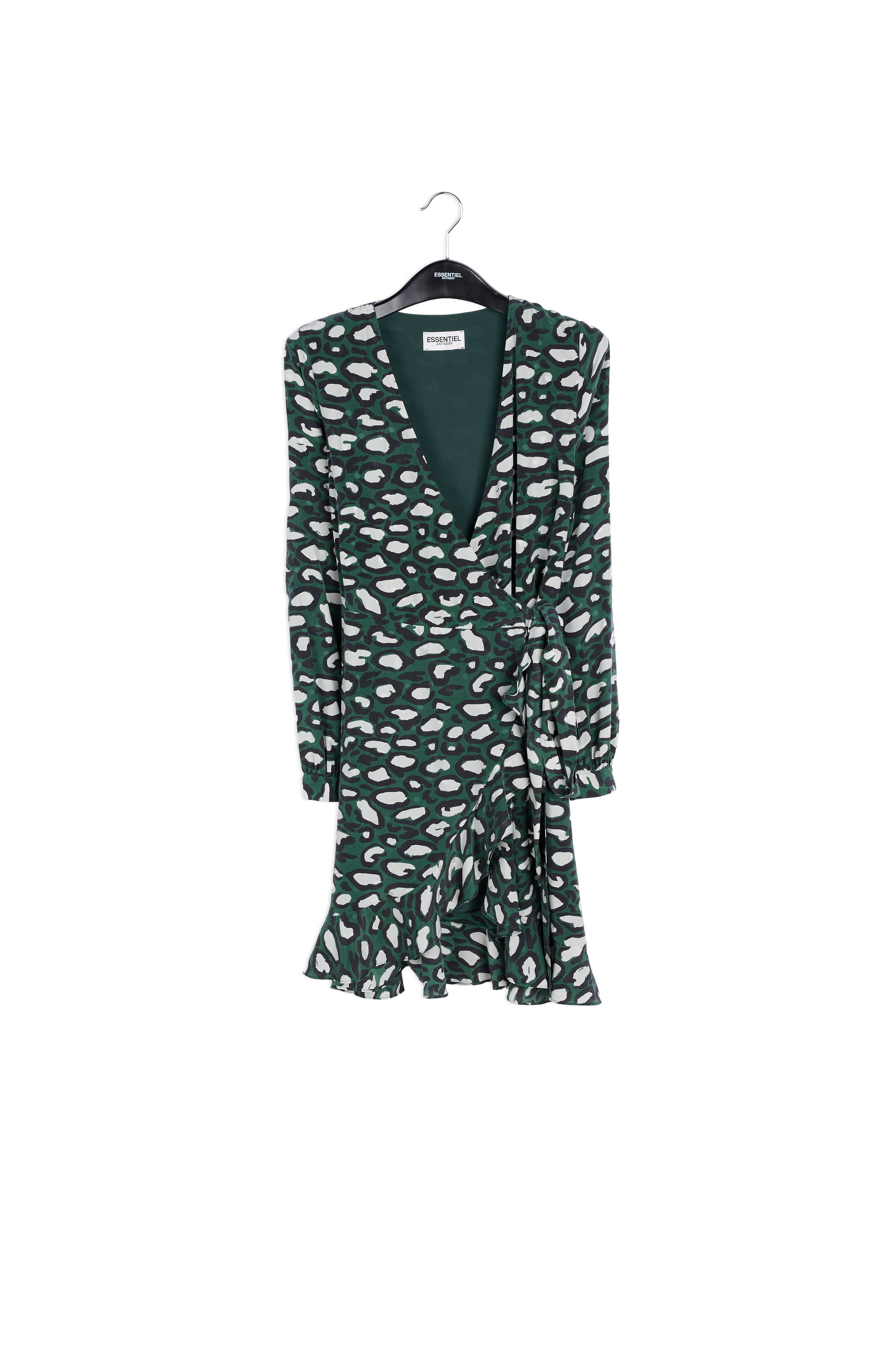 Flesgroene zijden wikkeljurk met luipaardprint RE—SSENTIEL | Essentiel second hand