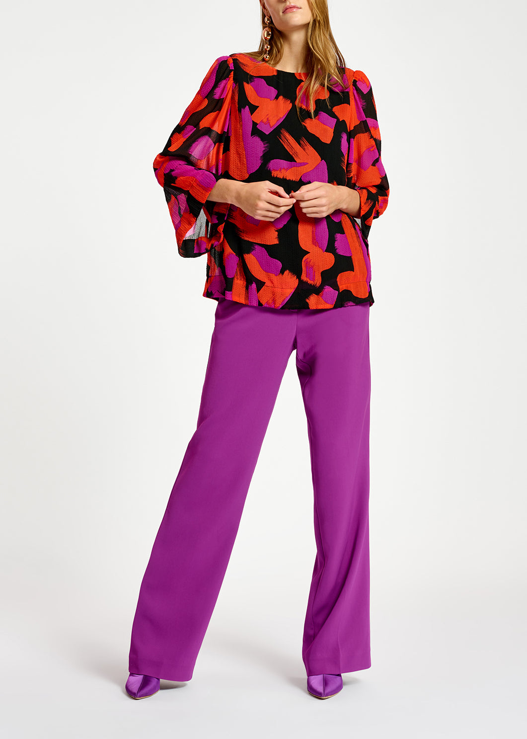 Black, orange and purple abstract-print top with puffed shoulders RE—SSENTIEL | Essentiel second hand